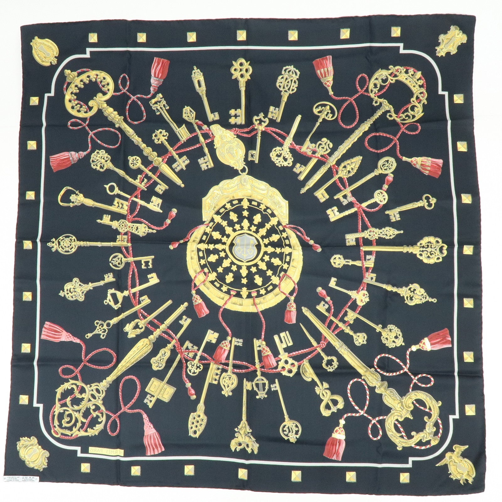 HERMES Carre 90 Silk 100% Scarf LES CLES THE KEYS RARE Black Gold