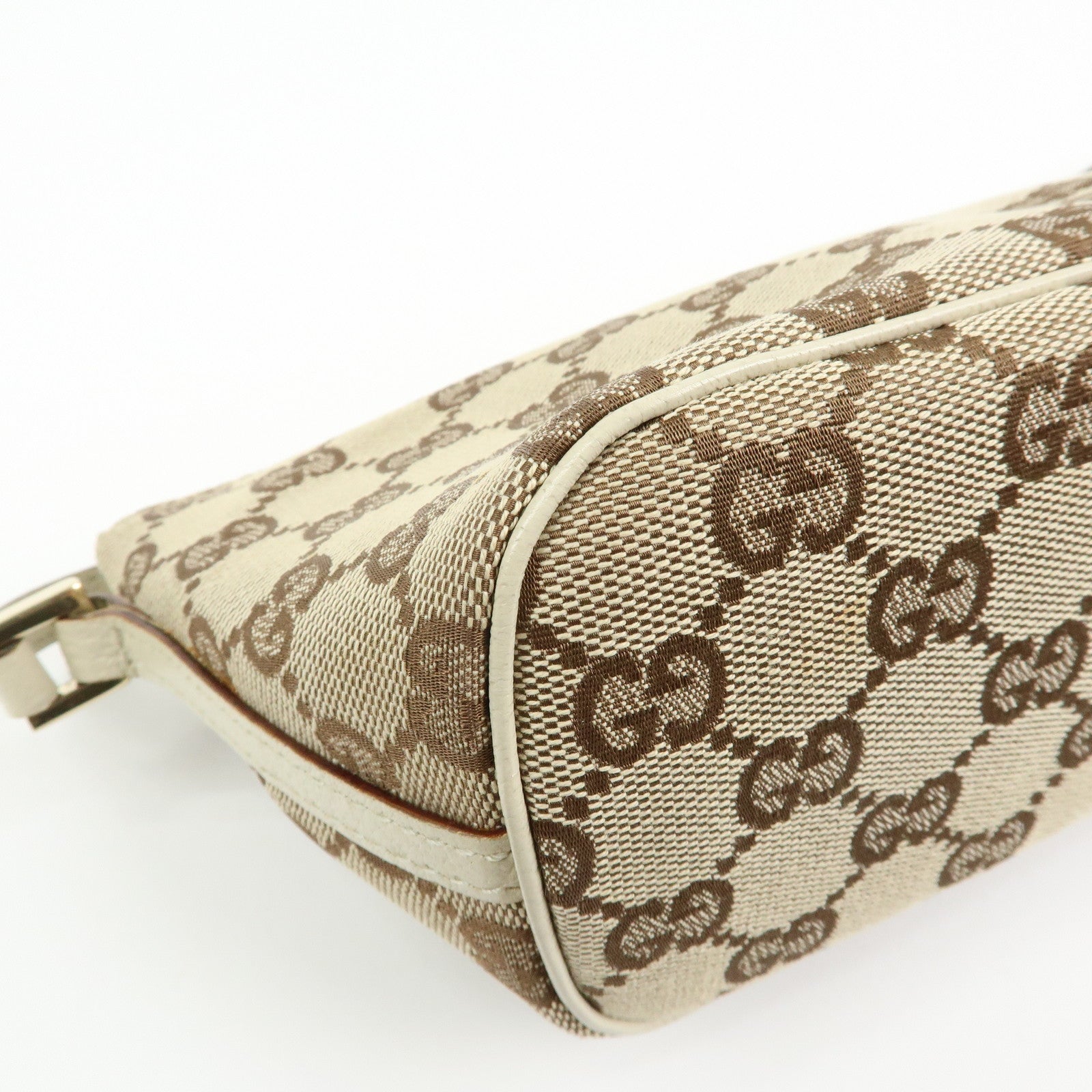 GUCCI Boat Bag GG Canvas Leather Hand Bag Pouch Brown Ivory 07198