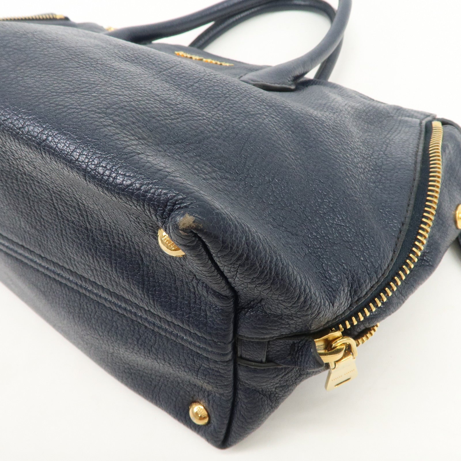 MIU MIU Madras Leather 2WAY Bag Hand Bag Shoulder Bag Navy RN1016