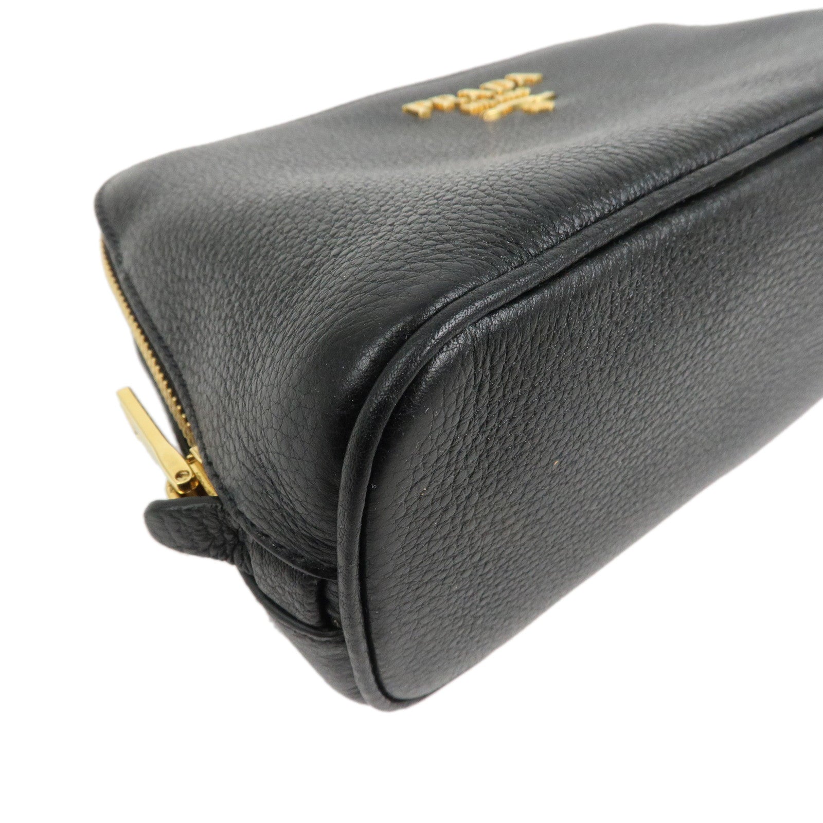PRADA Logo Vitello Daino Leather Cosmetic Pouch Black 1NA024