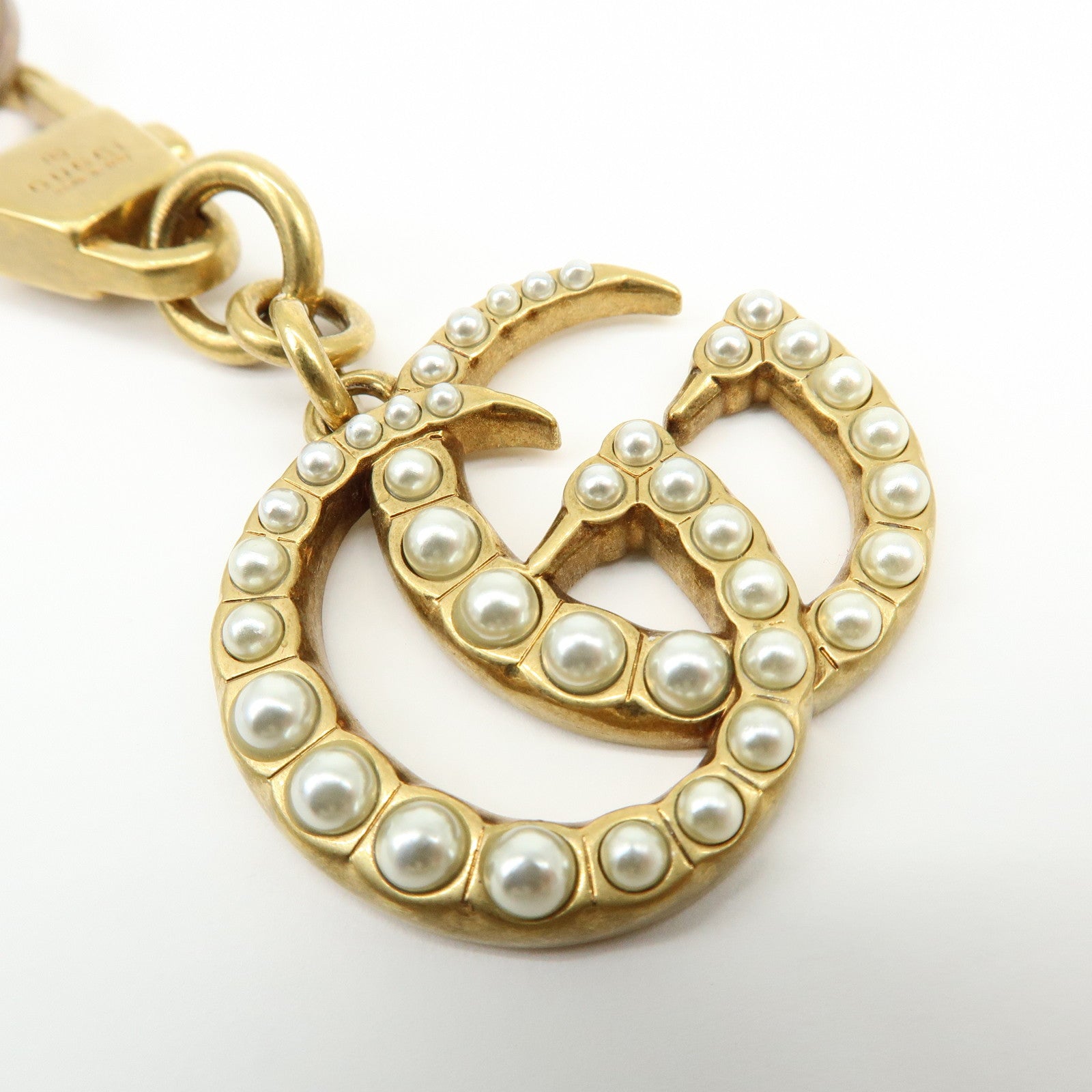 GUCCI GG Marmont Double G Metal Faux Pearl Bag Charm Gold 476428