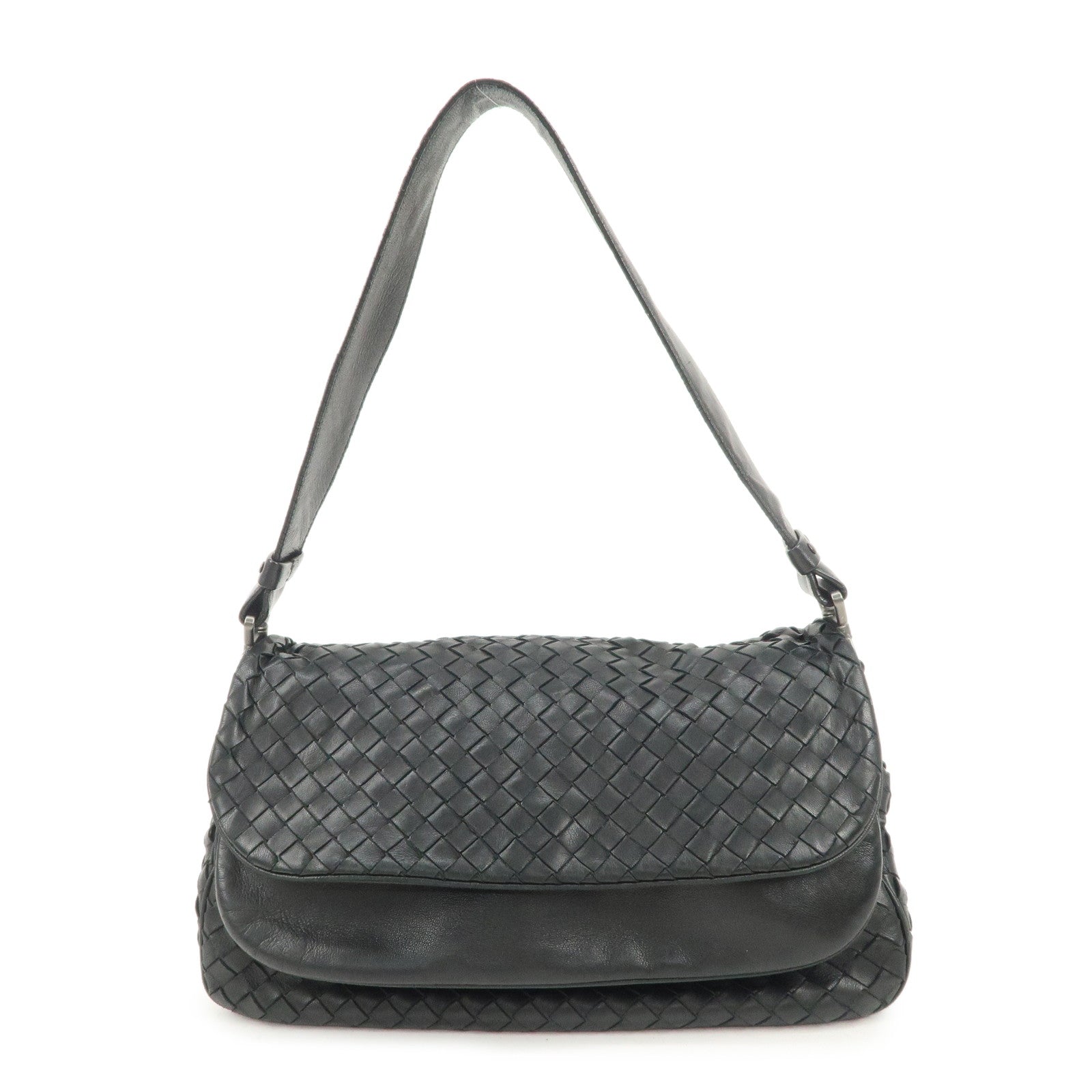 BOTTEGA VENETA Intrecciato Leather Shoulder Bag Black 142468 Used