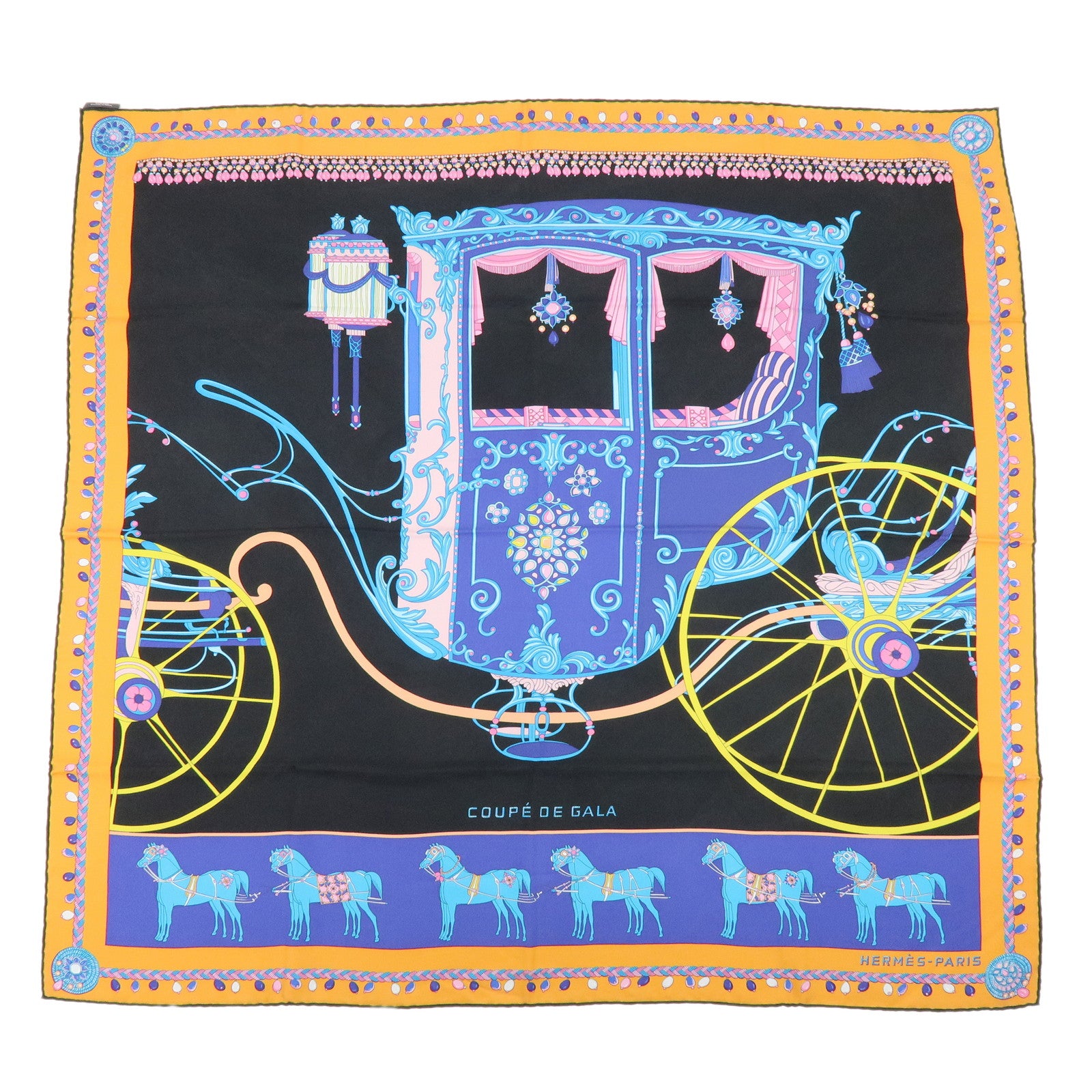 HERMES Carre 90 Silk 100% Scarf COUPE DE GALA Black Orange Blue