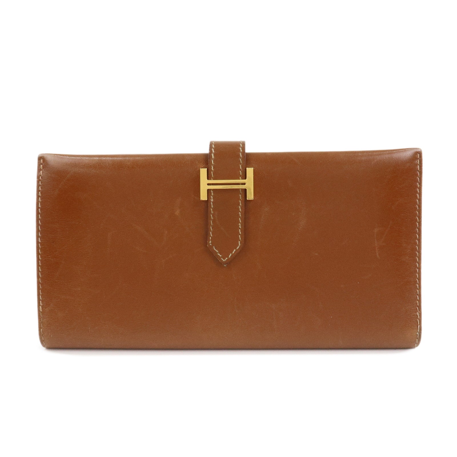 HERMES Bearn Classic Box Calf □O Stamped Bi-Fold Long Wallet Brown