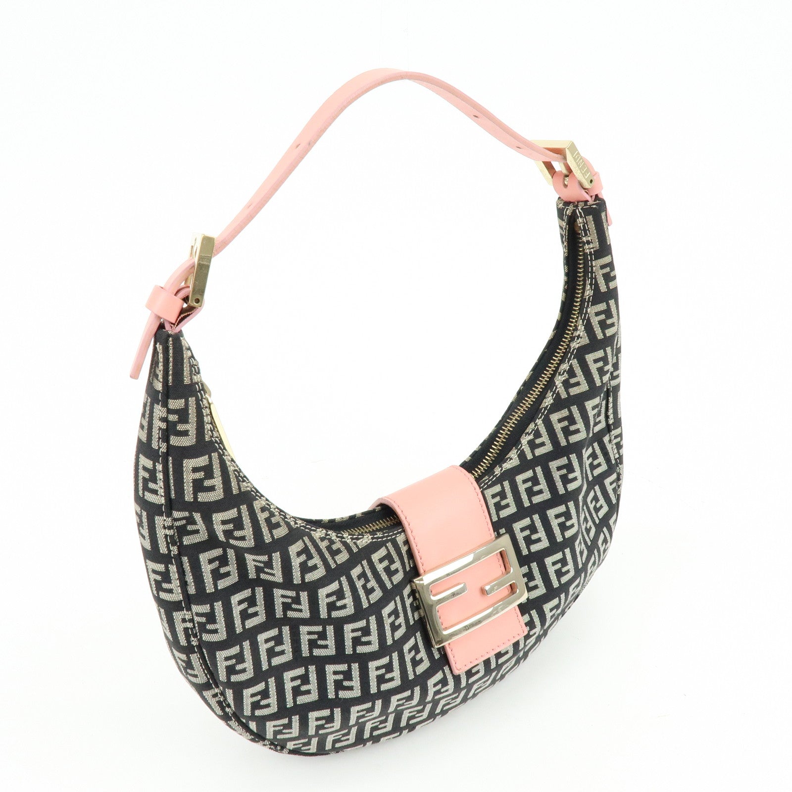 FENDI Zucchino Canvas Leather Shoulder Bag Black Pink 8BR020