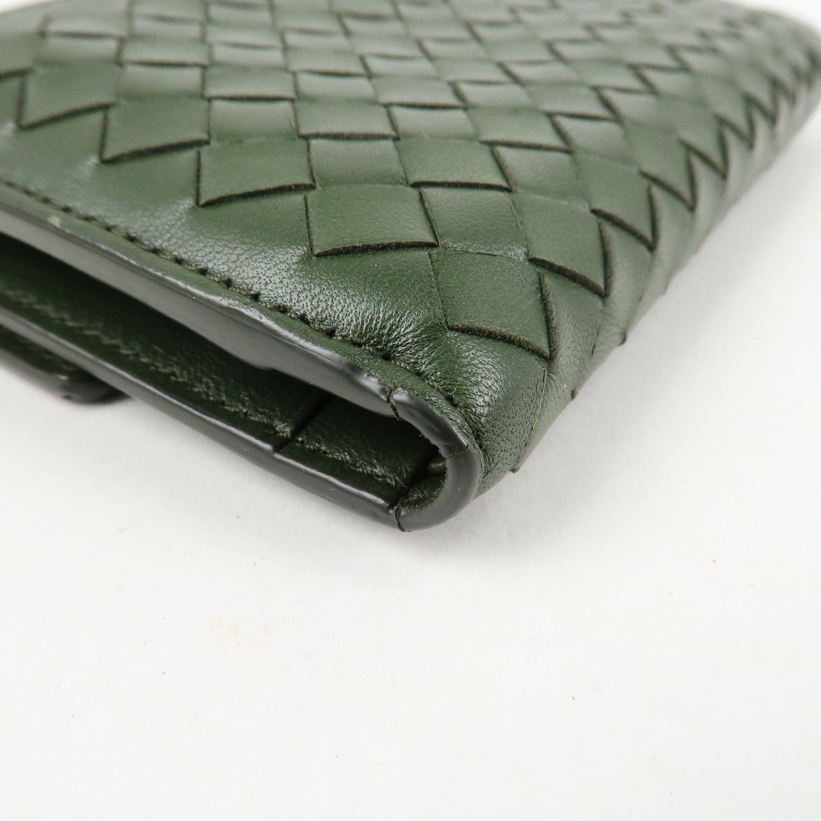 BOTTEGA VENETA Intrecciato Leather Tri-fold Wallet Dark Green Used