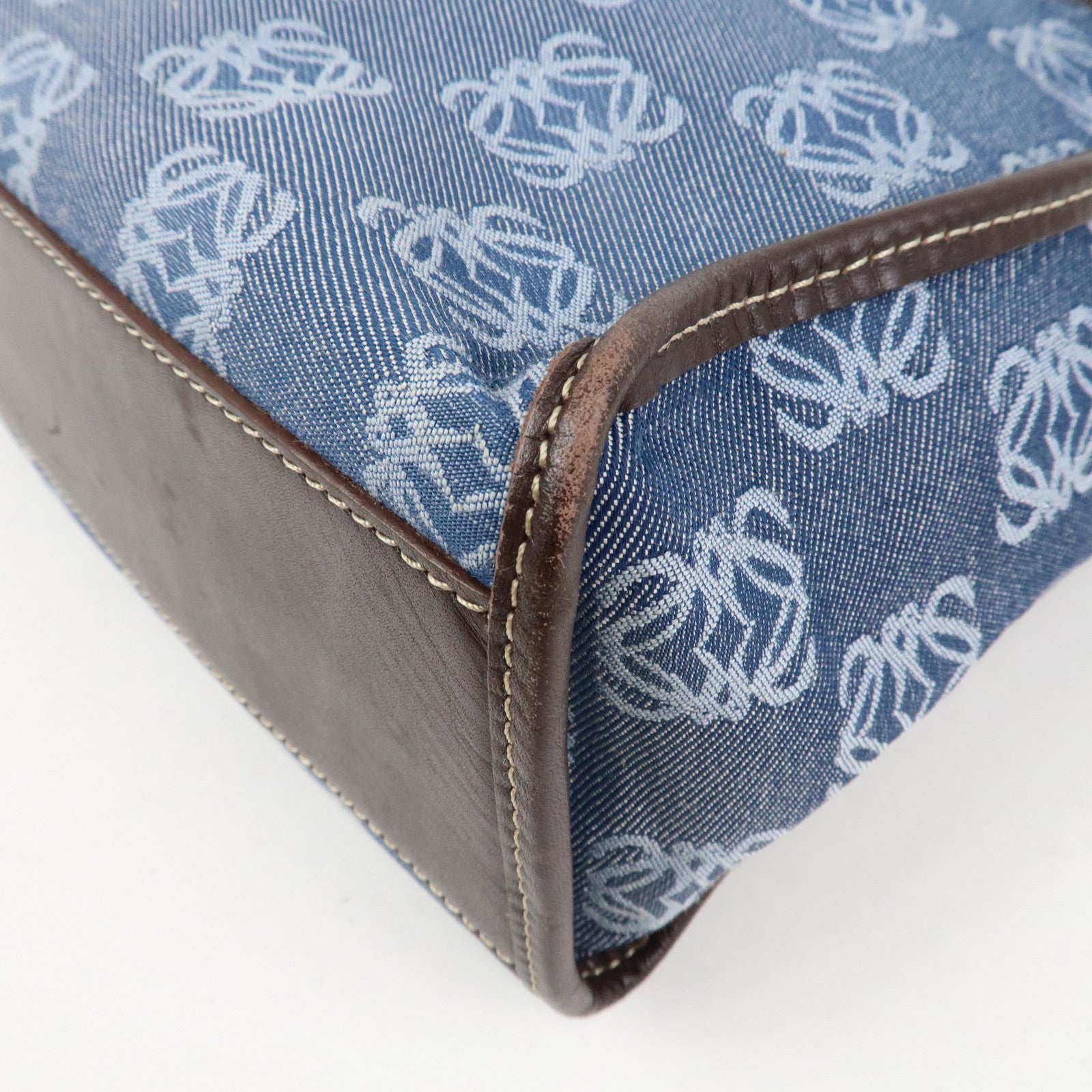 LOEWE Repeat Anagram Canvas Leather Tote Bag Hand Bag Blue Brown