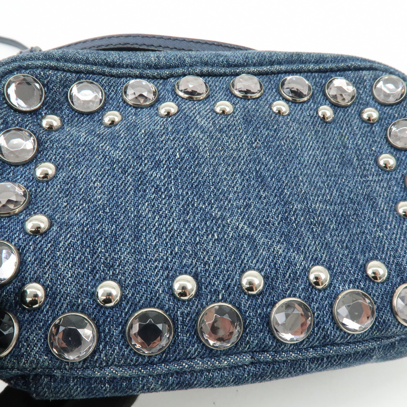 PRADA Logo Denim Shoulder Bag Crossbody Bag Rhinestone Blue