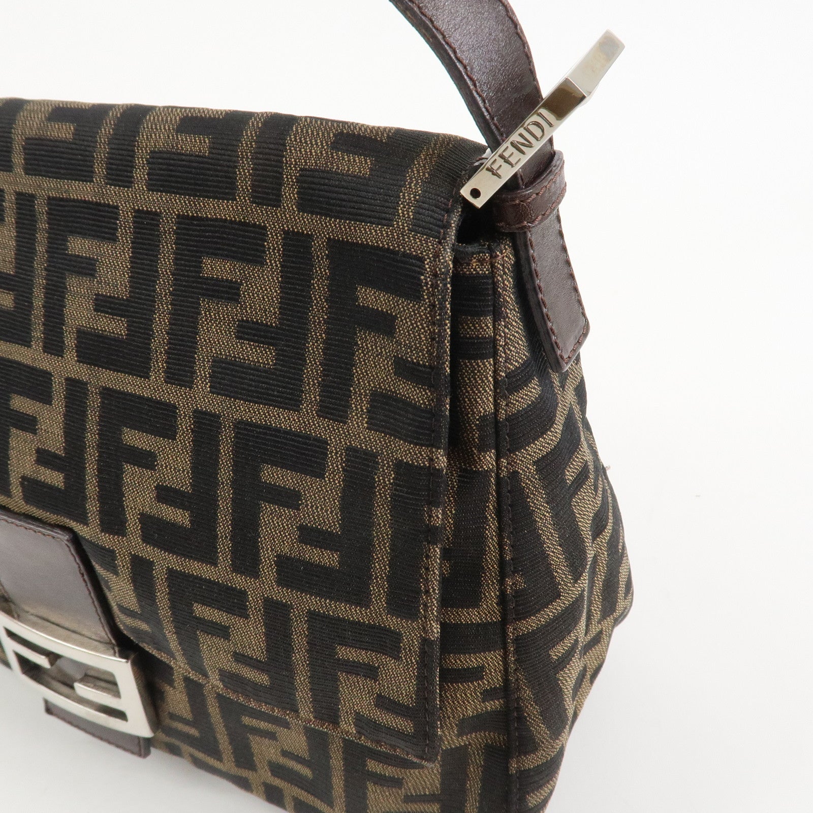 FENDI Mamma Baguette Zucca Canvas Leather Shoulder Bag Brown 26325