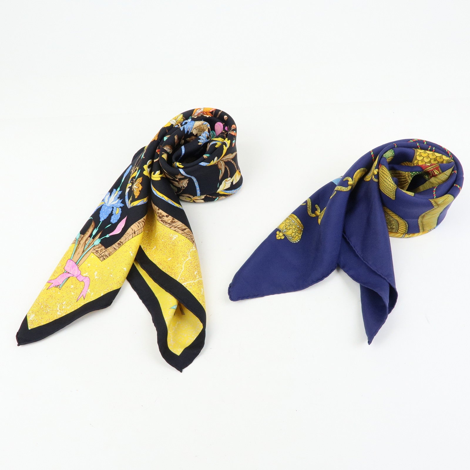 HERMES Carre 90 Set of 2 Silk 100% Scarf Black Navy Yellow