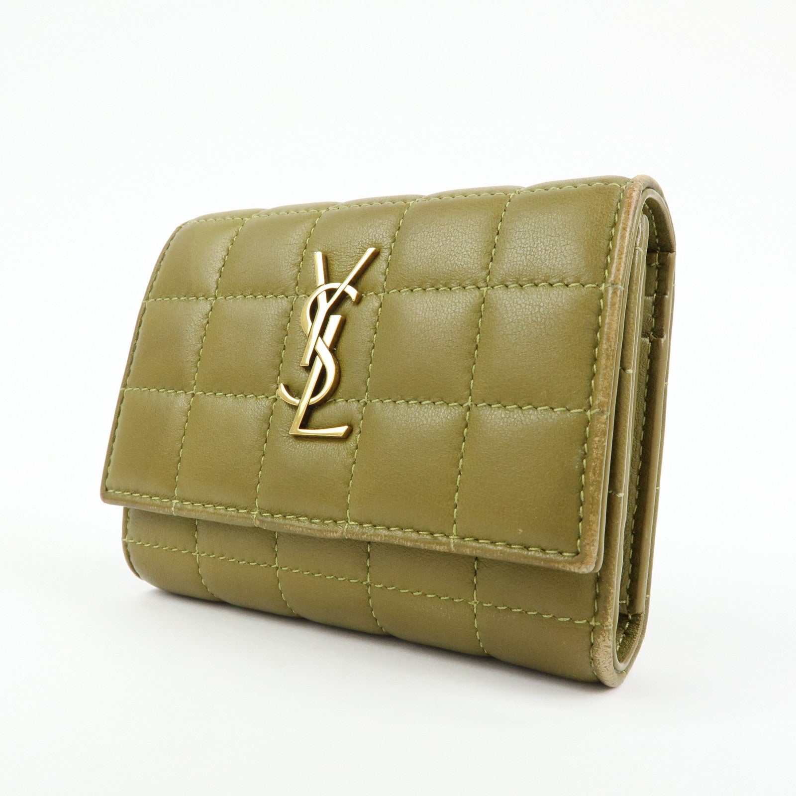 SAINT LAURENT PARIS Cassandra Leather Tri-Fold Wallet Khaki
