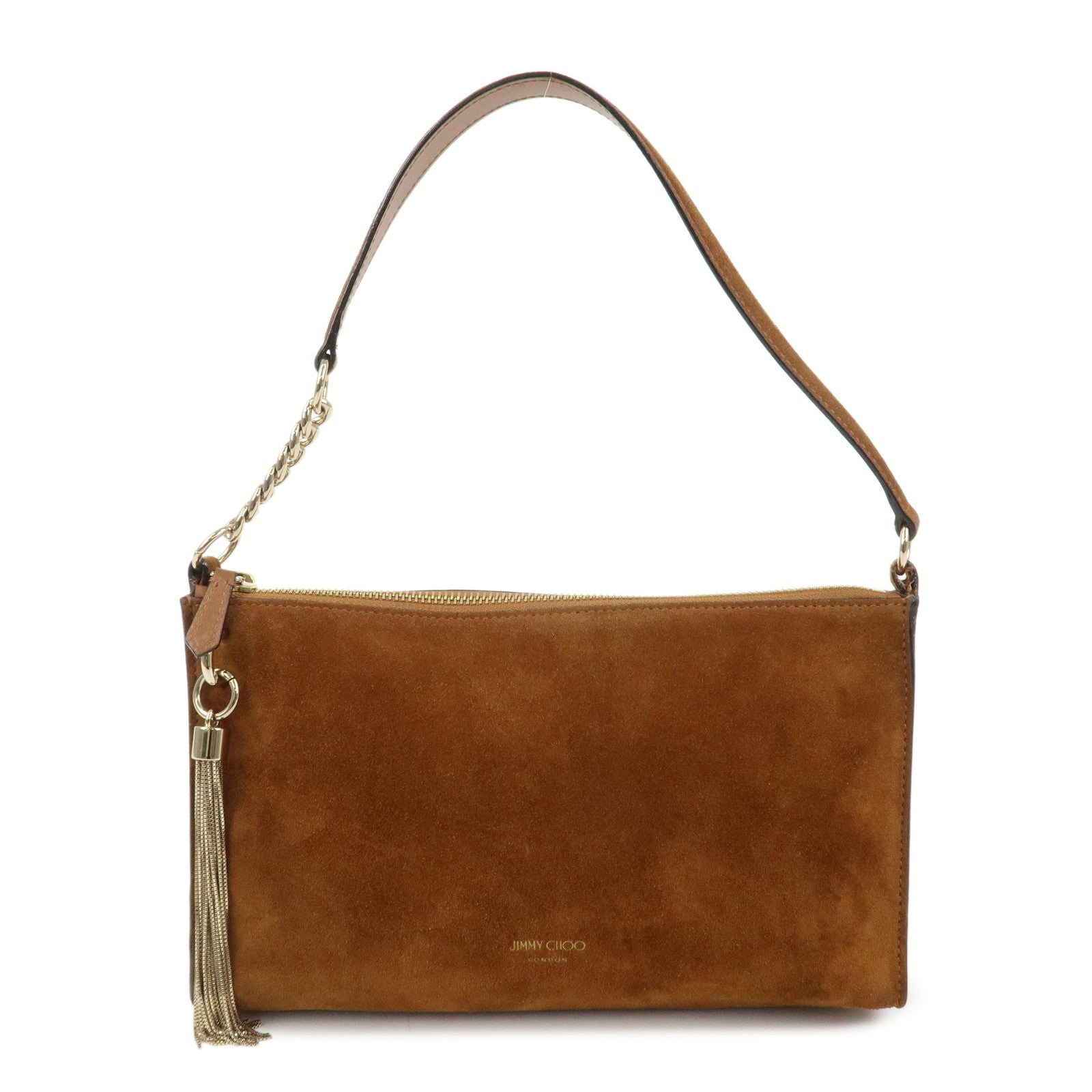 JIMMY CHOO Suede Leather Chain Shoulder Bag Hand Bag Brown