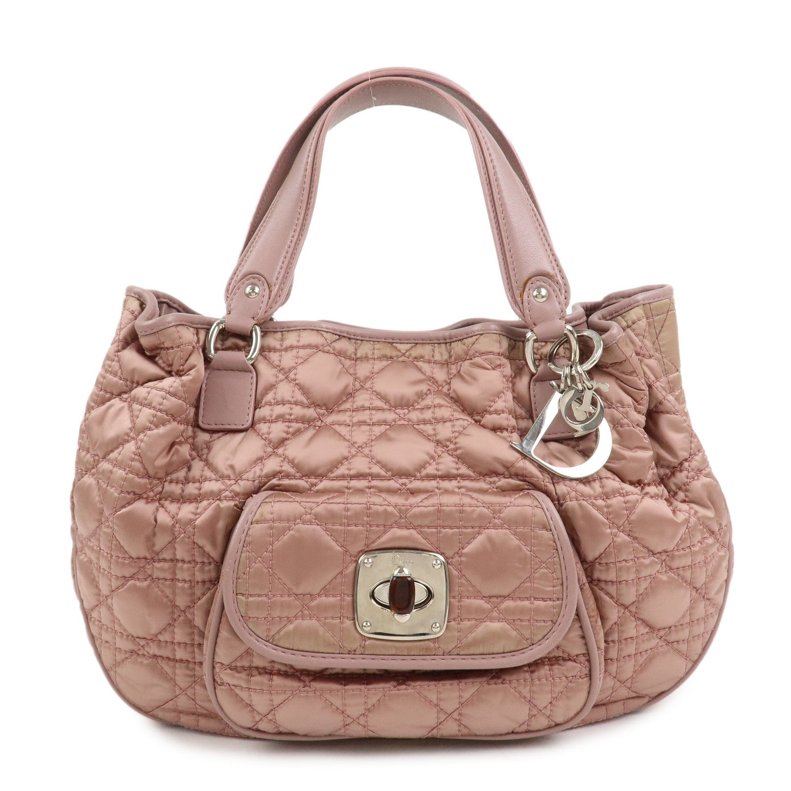 Christian Dior Cannage Nylon Leather Hand Bag Tote Bag Pink