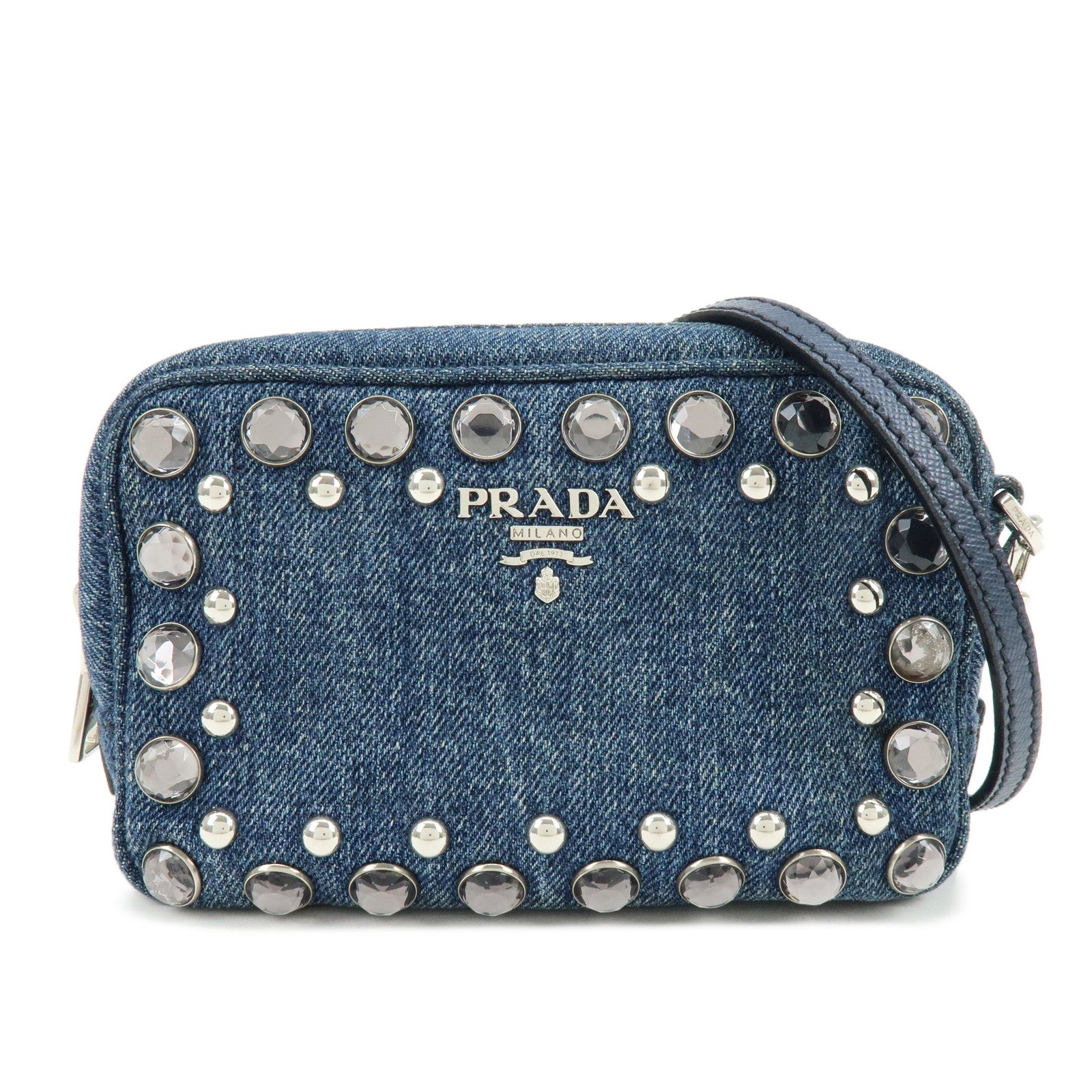 PRADA Logo Denim Shoulder Bag Crossbody Bag Rhinestone Blue