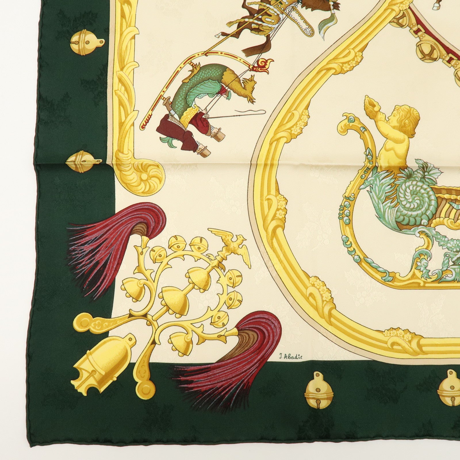 HERMES Carre 90 100% Silk Scarf Plumes et Grelots Moss Green Beige