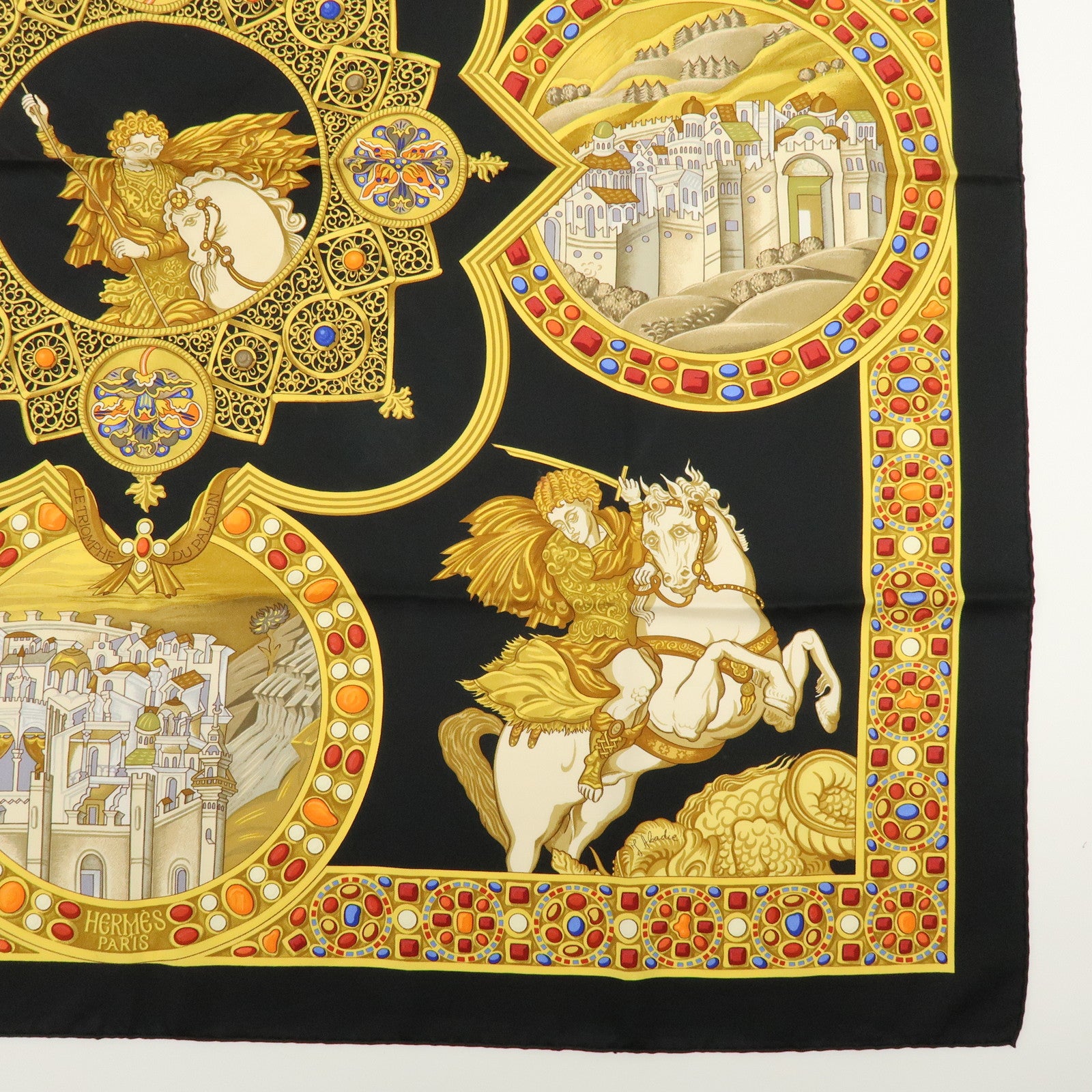 HERMES Carre 90 Silk 100% LE TRIOMPHE DU PALADIN Black Gold