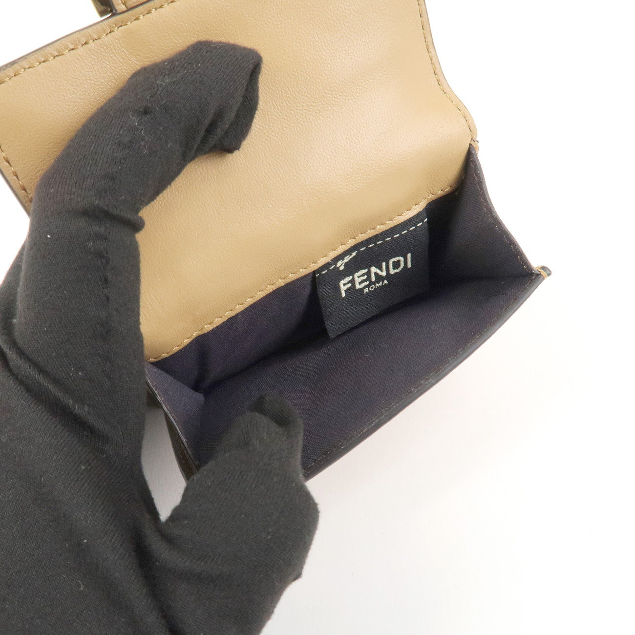 FENDI Zucca Baguette Leather Micro Tri-fold Wallet Beige 8M0395 Used