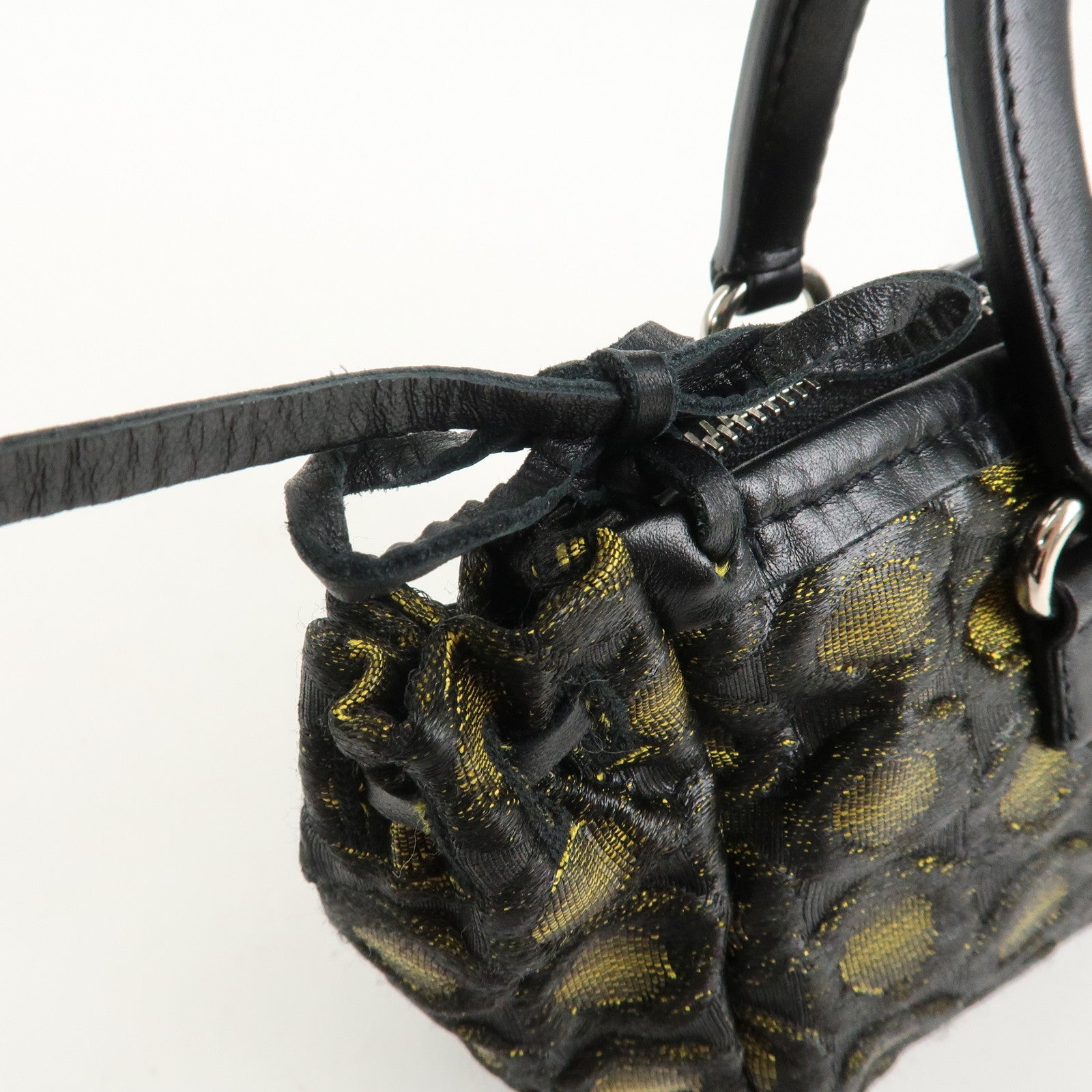 PRADA Triangle Logo Nylon Leather Ribbon Hand Bag Black Yellow
