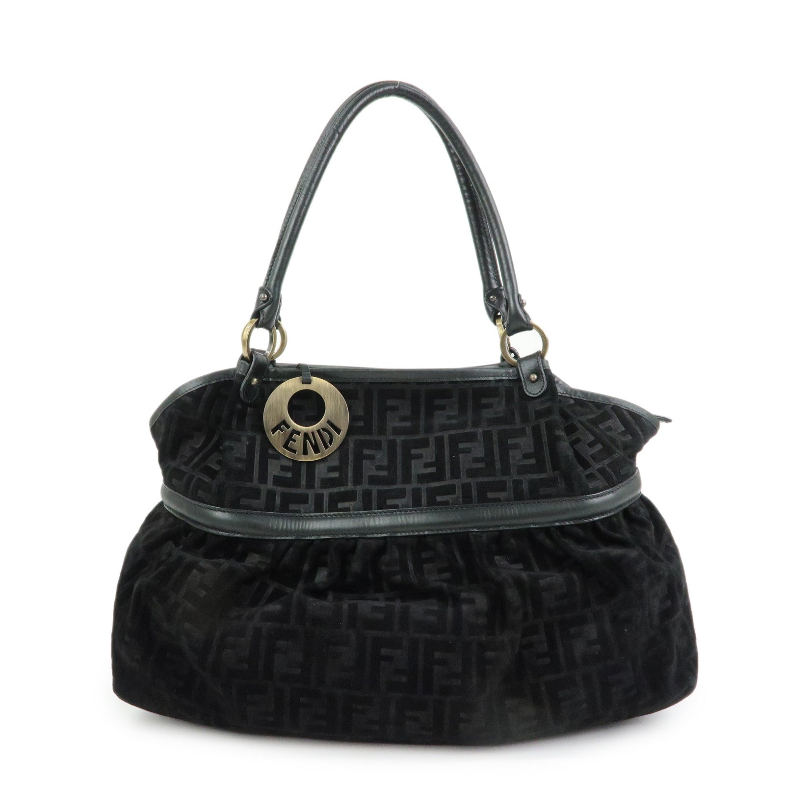 FENDI Zucca Suede Leather Gathered Shoulder Bag Black 8BH186