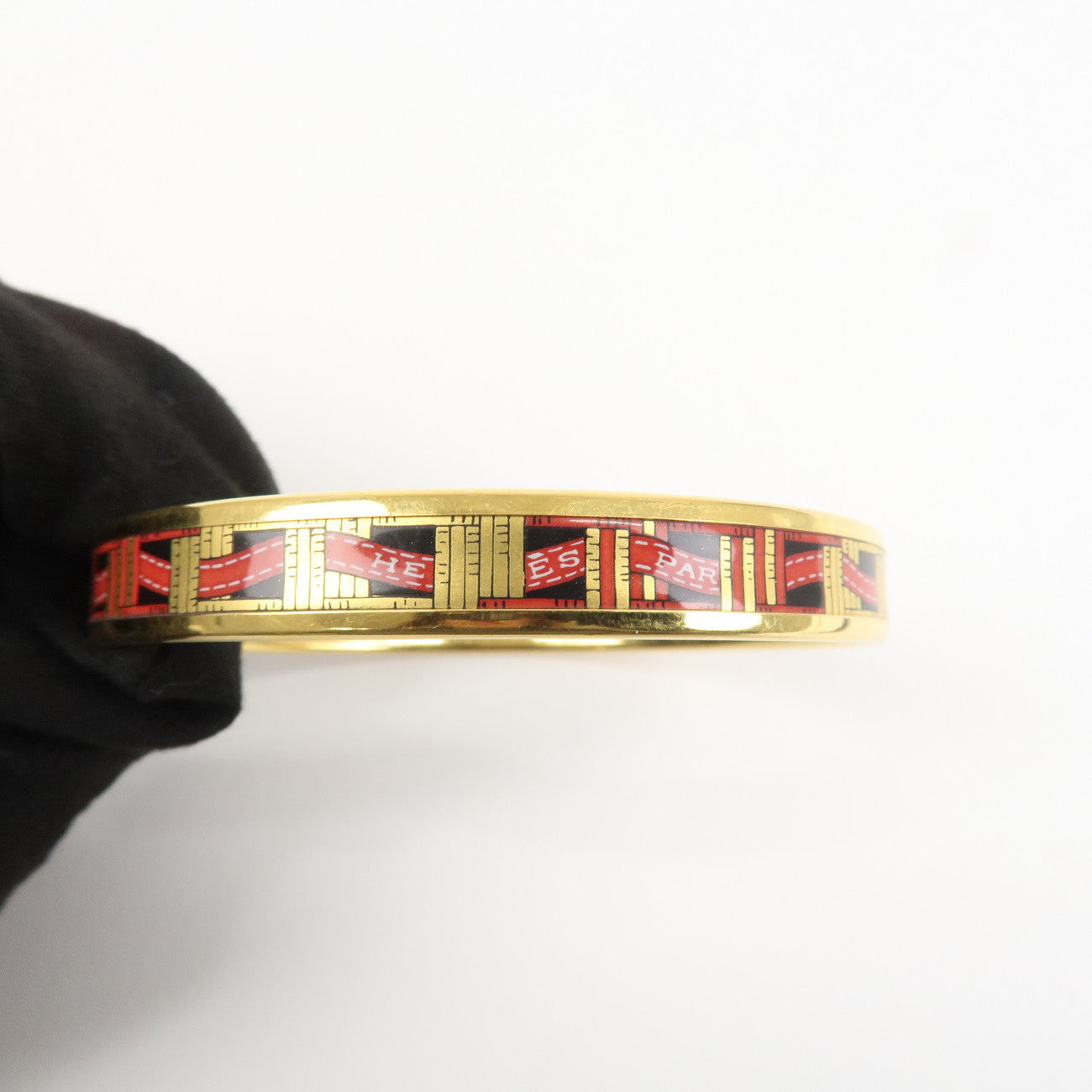 HERMES Plating Email PM Bangle Bracelet Black Gold Red Used