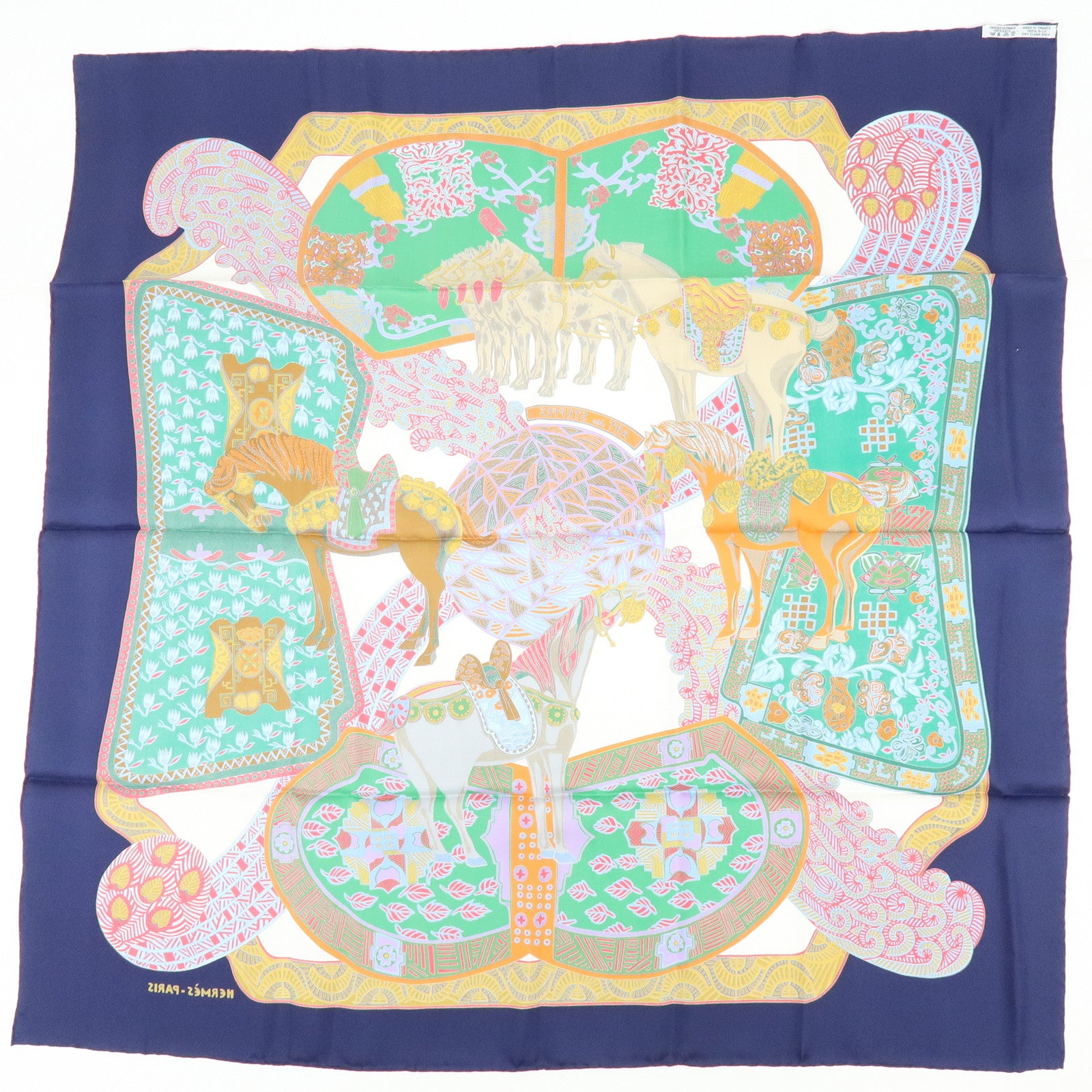 HERMES Carre 90 Silk 100% Scarf ART des STEPPES Horse Print Navy