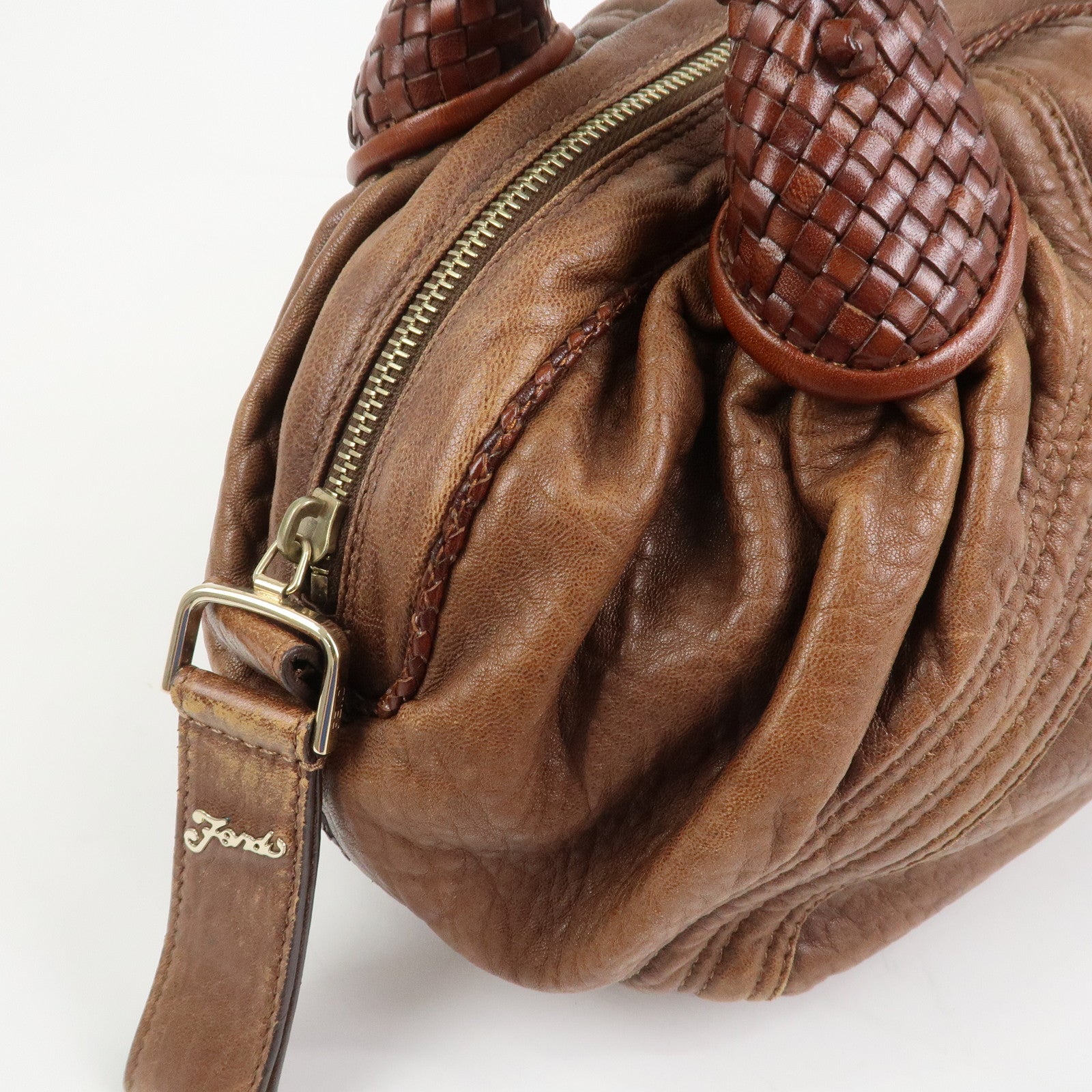 FENDI Logo Leather Mini Spy Bag Hand Bag Brown 8BL078