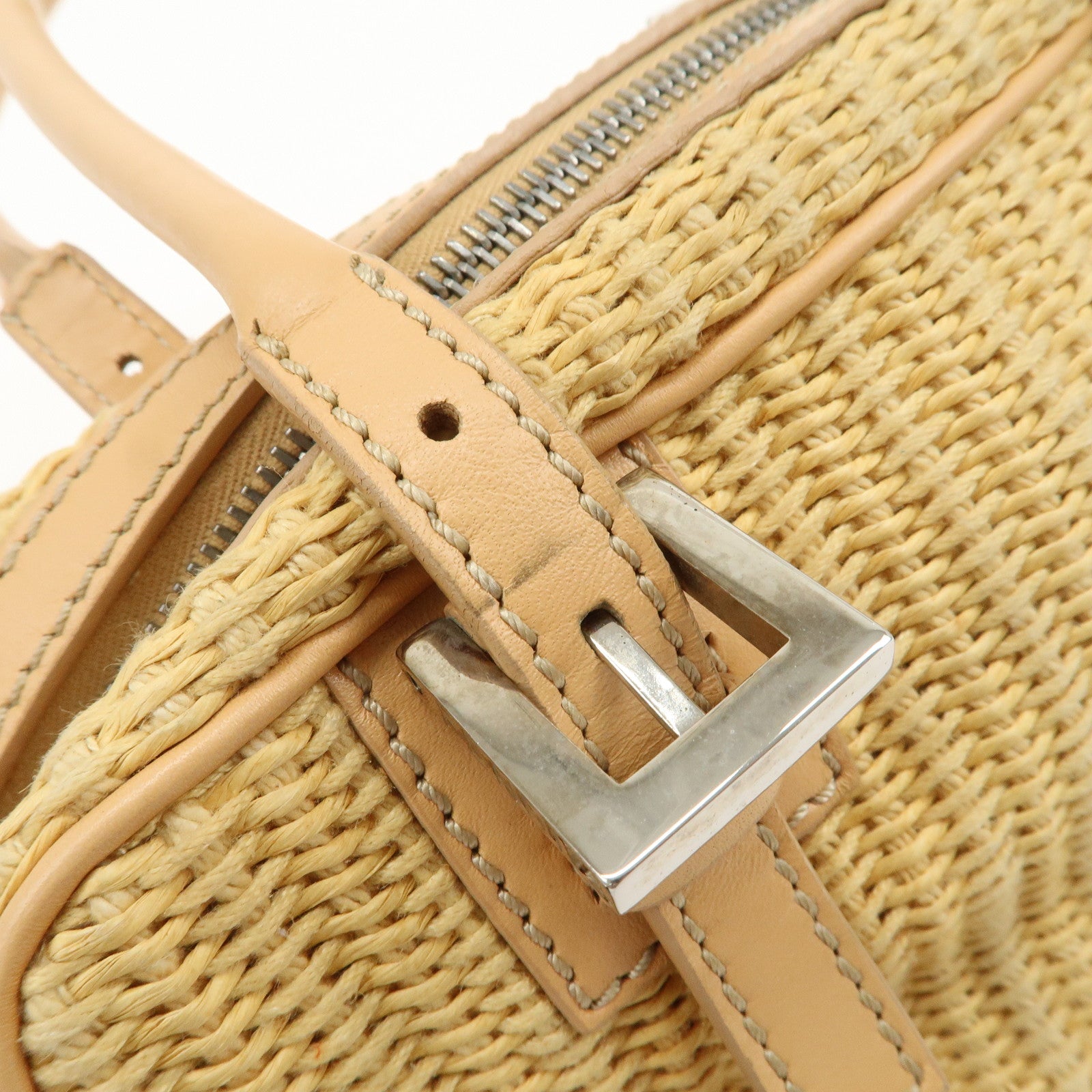 FENDI Raffia Leather Small Boston Hand Shoulder Bag Natural 8BN004