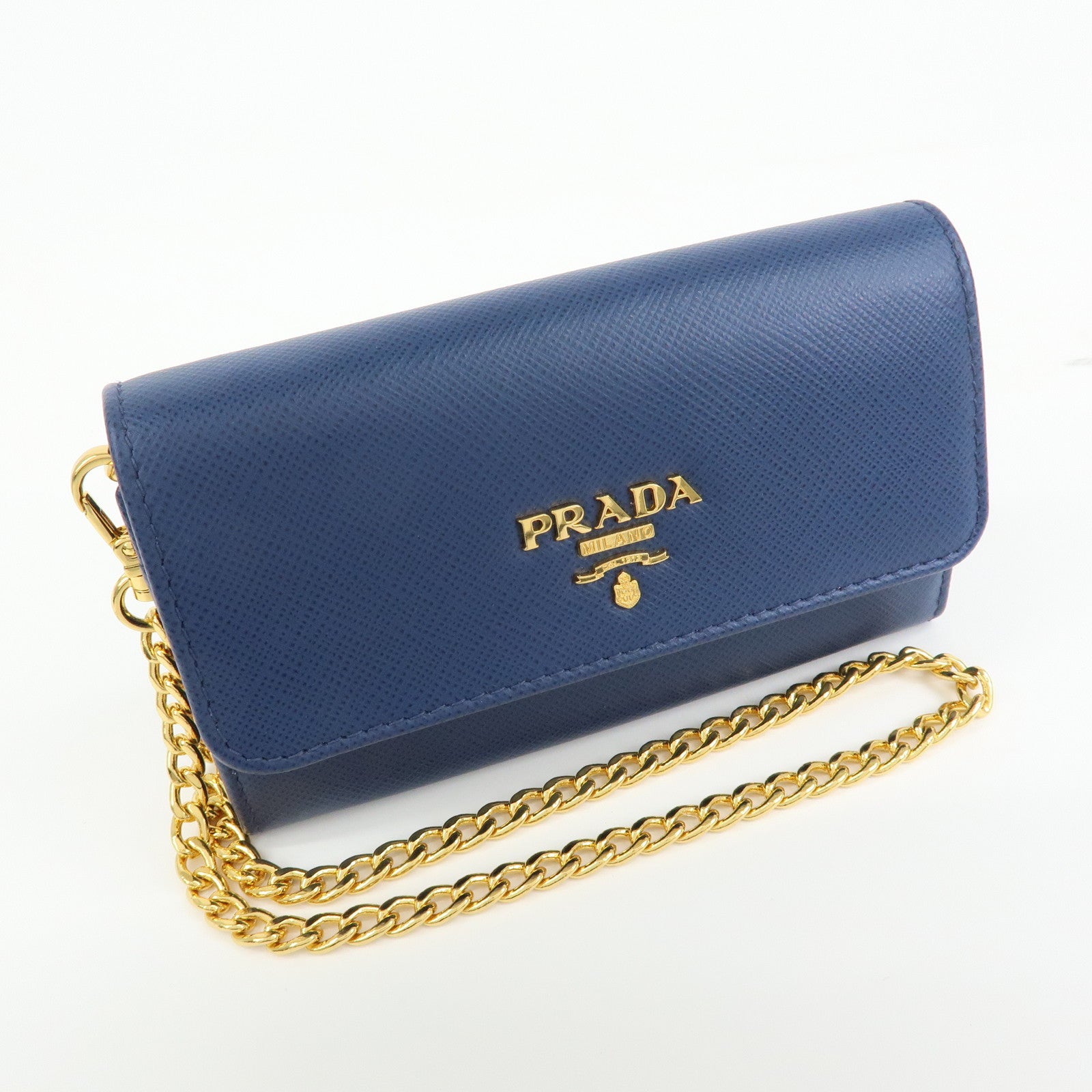PRADA Saffiano Leather Compact Wallet Card Case Blue 1MC015