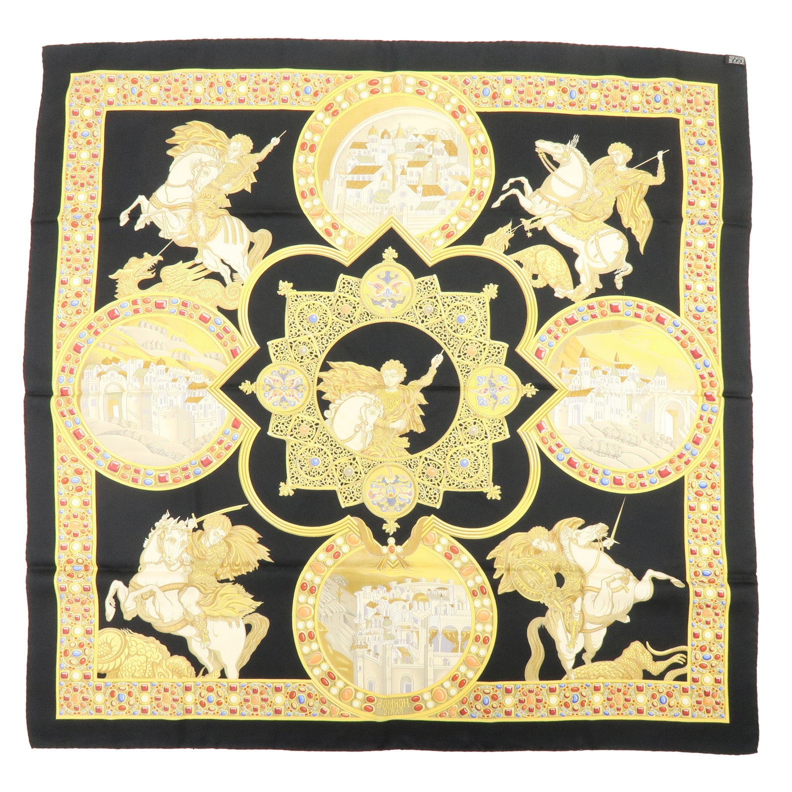 HERMES Carre 90 Silk 100% LE TRIOMPHE DU PALADIN Black Gold