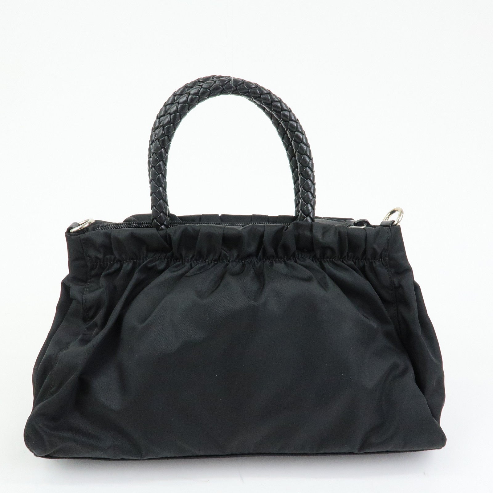 PRADA Triangle Logo Ribbon Nylon Leather 2Way Hand Bag Black BN1631