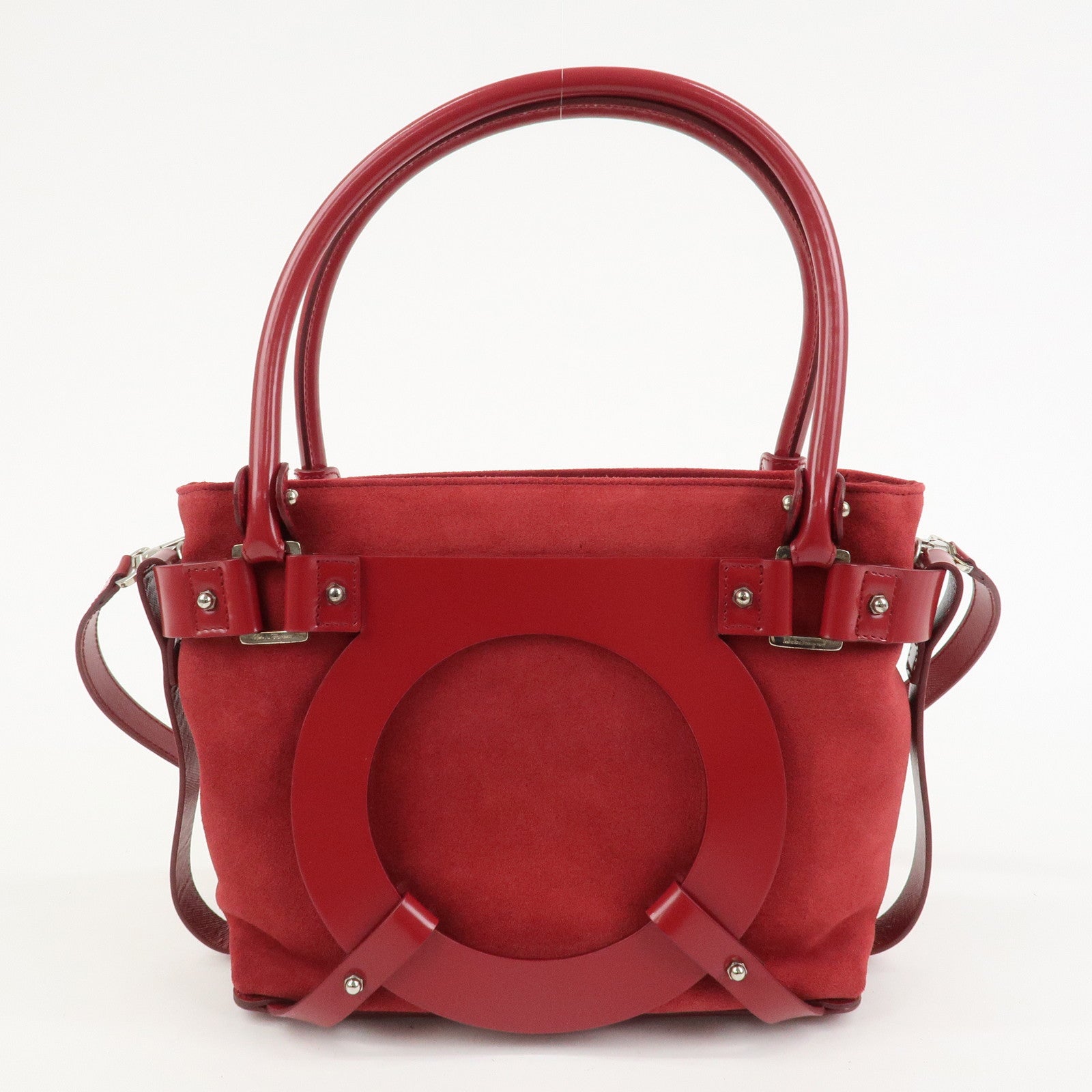 Ferragamo Gancini Suede Leather 2Way Bag Hand Bag Shoulder Bag Red