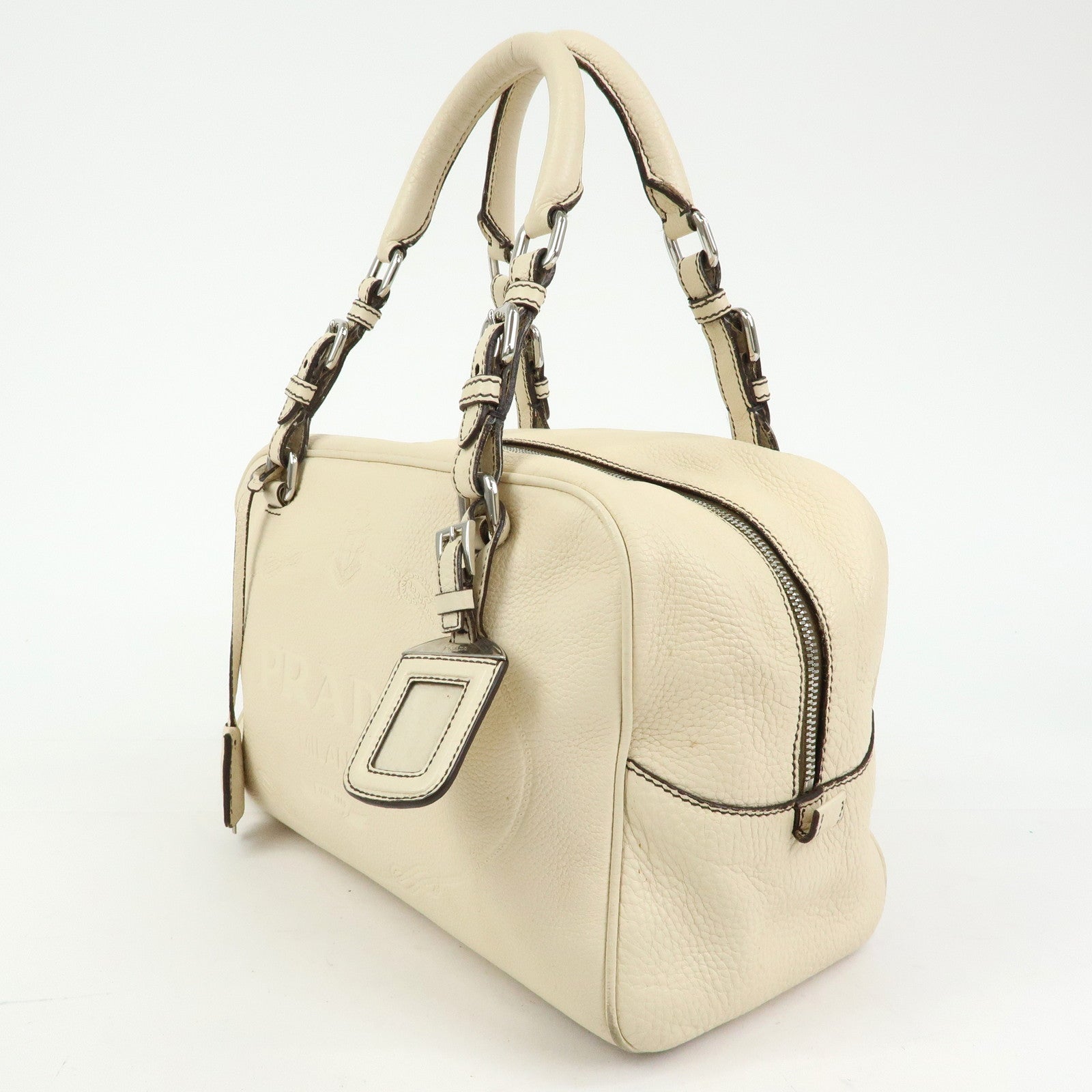 PRADA Vitello Daino Leather Boston Bag Shoulder Bag Ivory BR3091