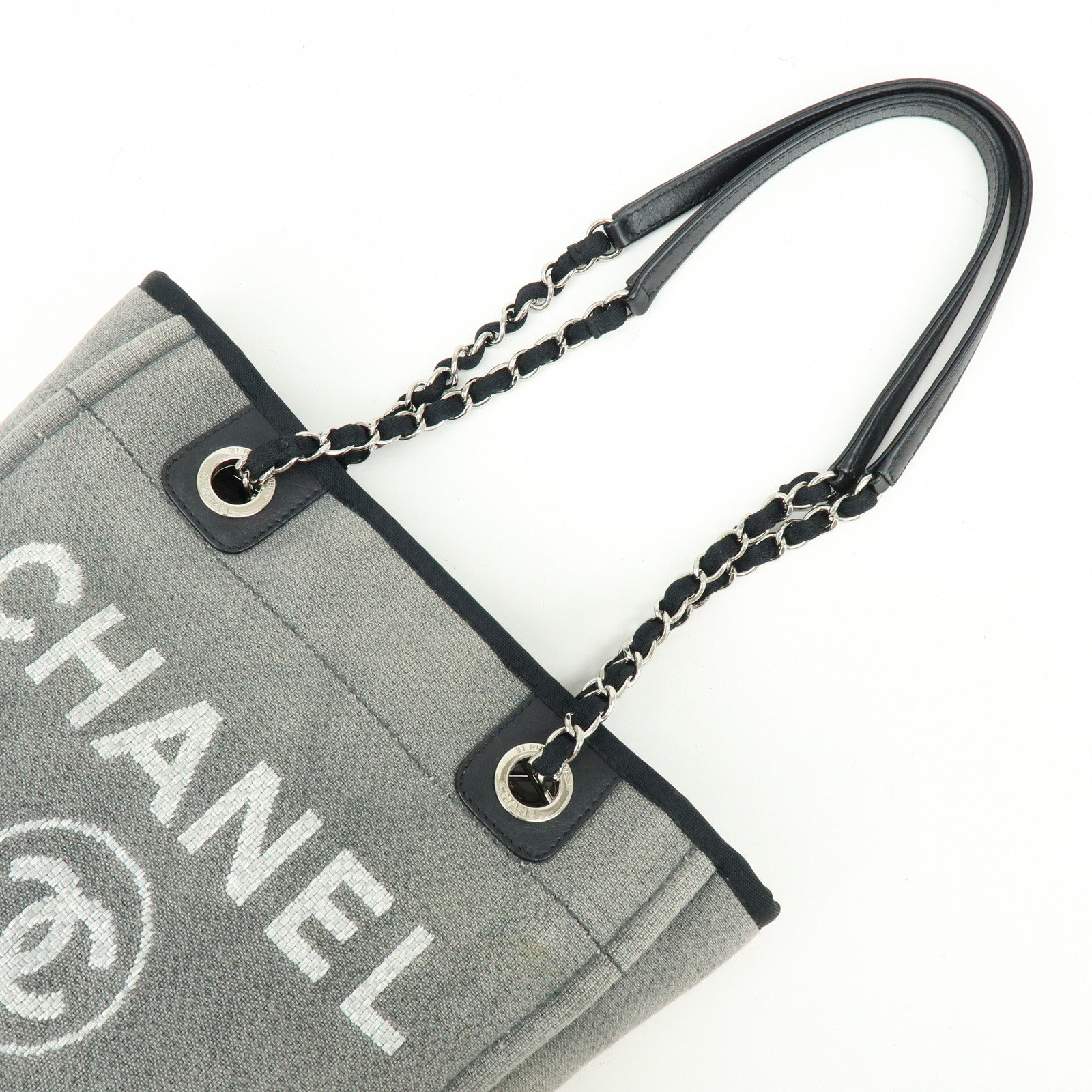 CHANEL Deauville PM Canvas Leather Chain Tote Bag Grey A66939