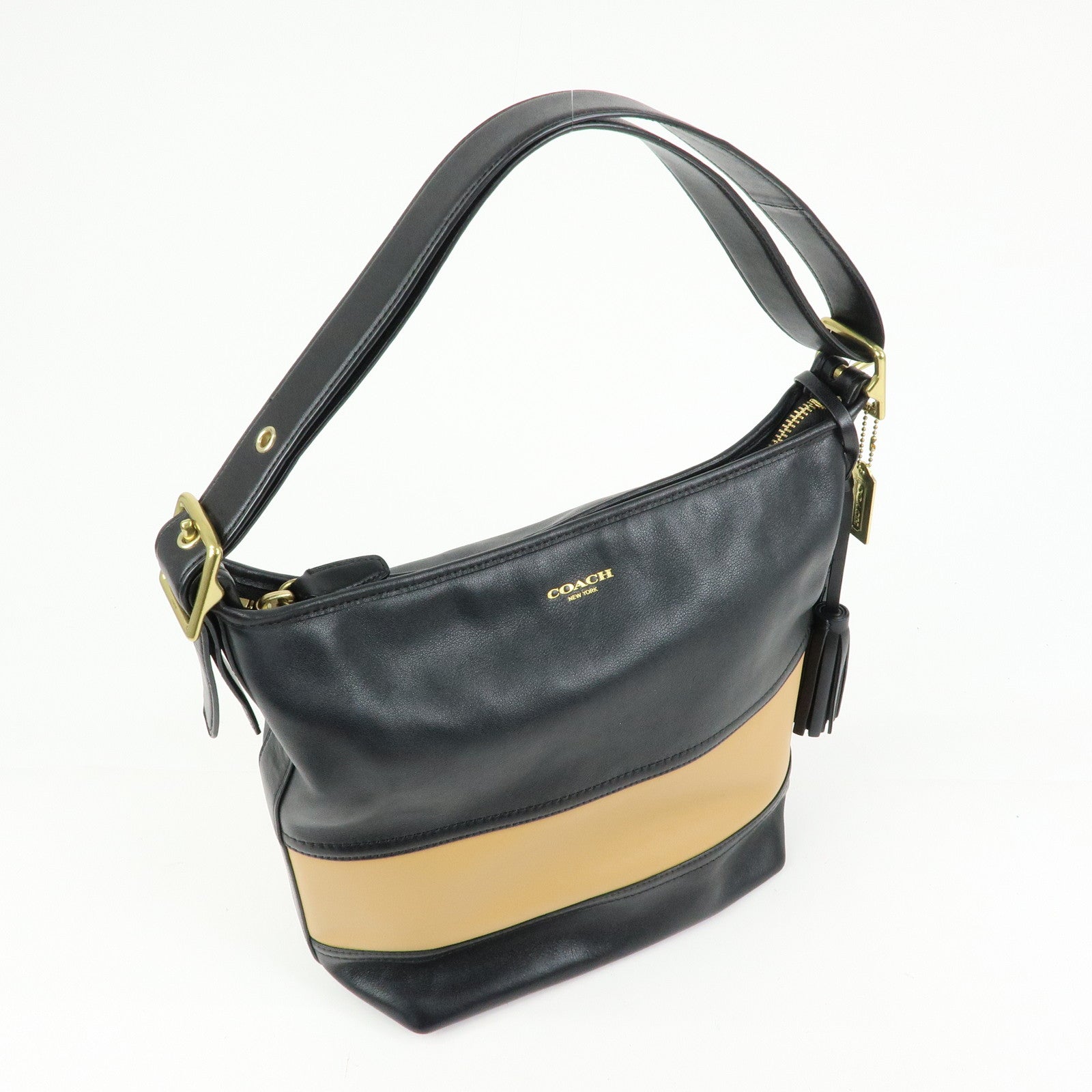 COACH Leather Shoulder Bag Tassel Charm Black Beige