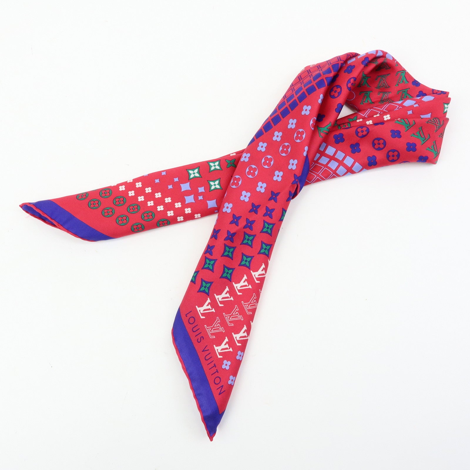Louis Vuitton Monogram Silk 100% Scarf Geometric Pattern Pink Blue