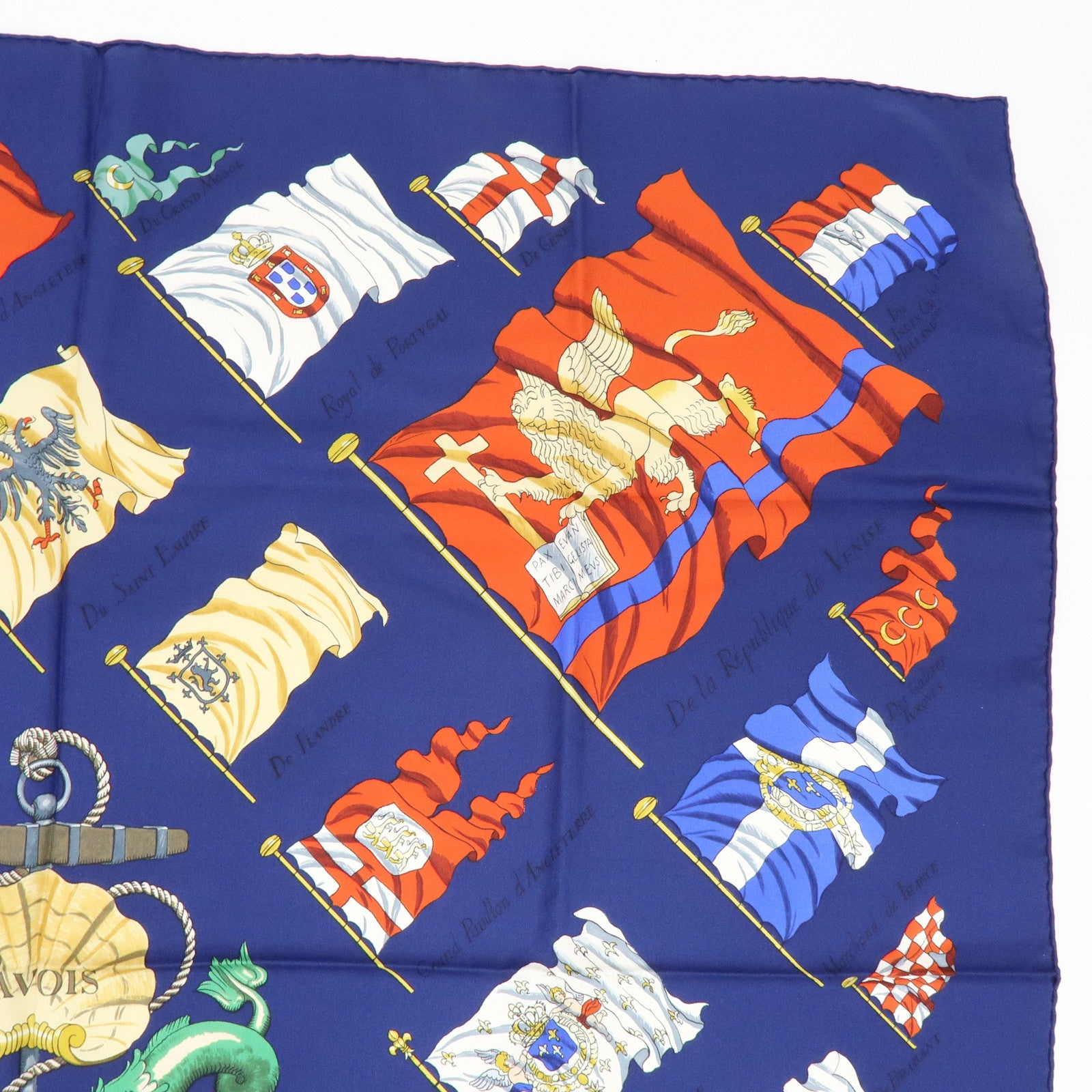 HERMES Carre 90 Silk 100% Scarf PAVOIS Ship Flag Print Navy Red
