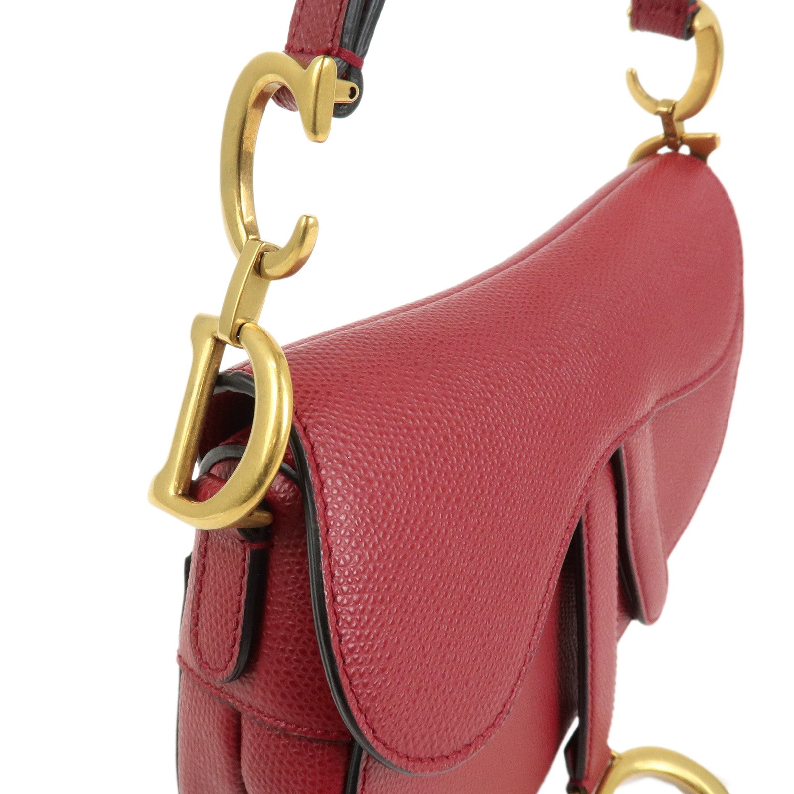 Christian Dior CD Logo Leather Saddle Bag Mini Hand Bag Red