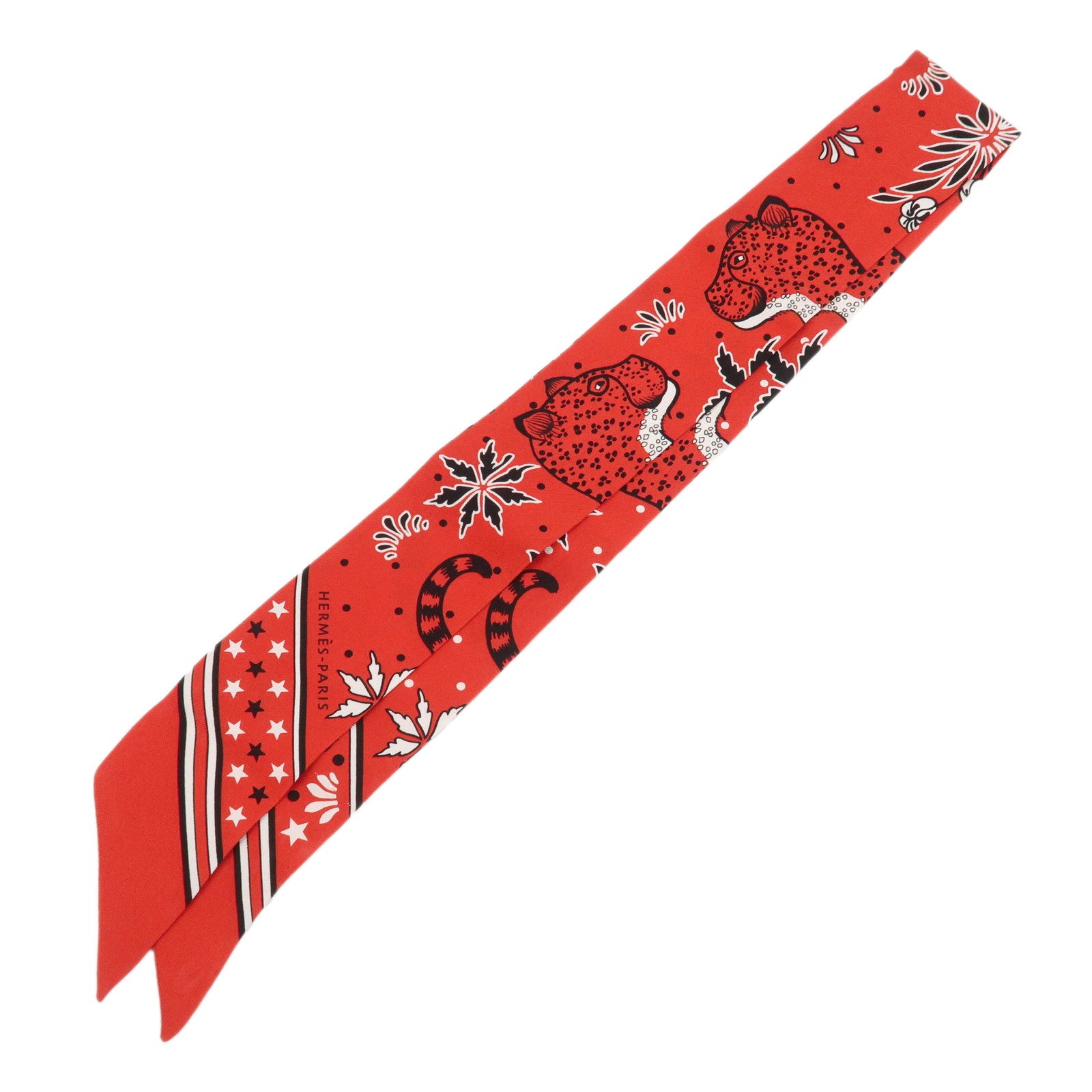 HERMES Twilly Silk 100% Scarf LES LEOPARDS Red Black White