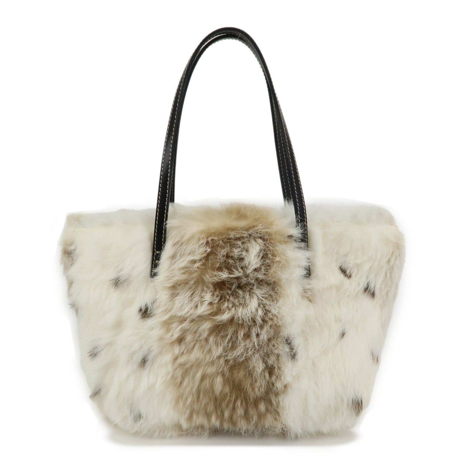 FENDI Fur Leather Hand Bag Tote Bag Ivory Light Brown 8BH056