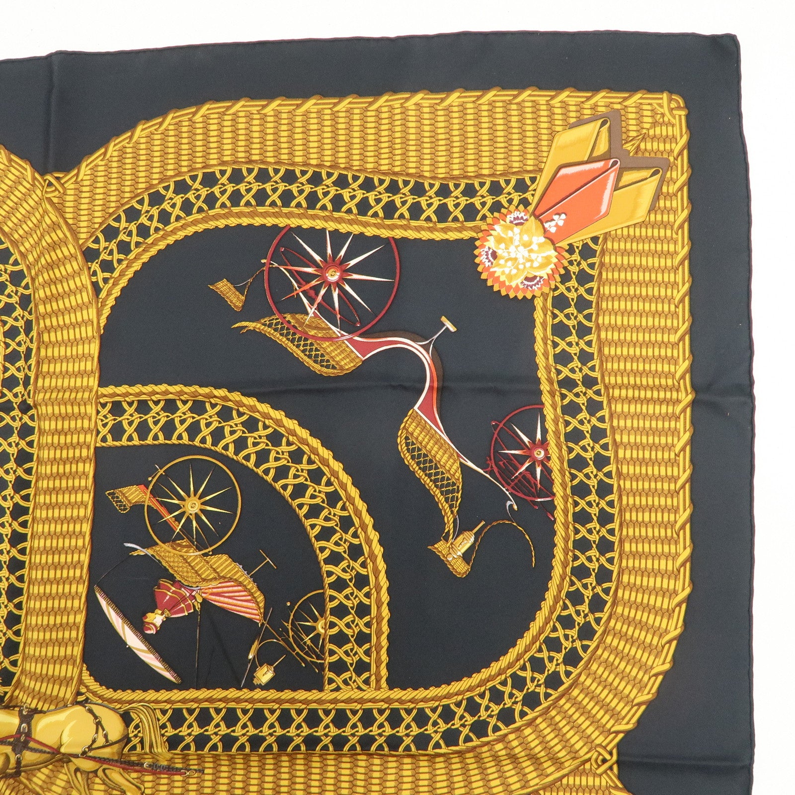 HERMES Carre 90 Silk 100% Scarf GRAND APPARAT Black Gold Used