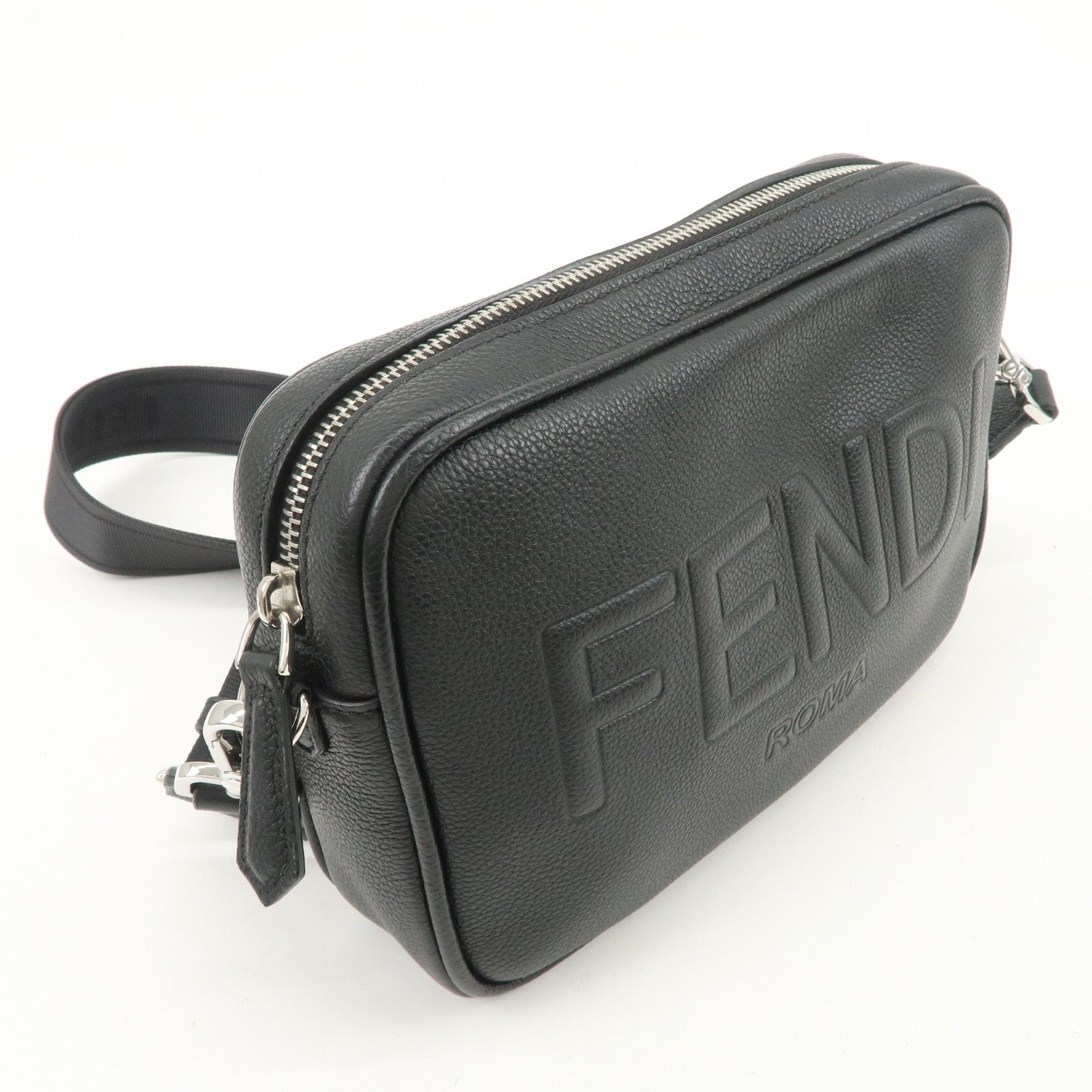 FENDI Logo Leather Camera Case Shoulder Bag Black 7M0286