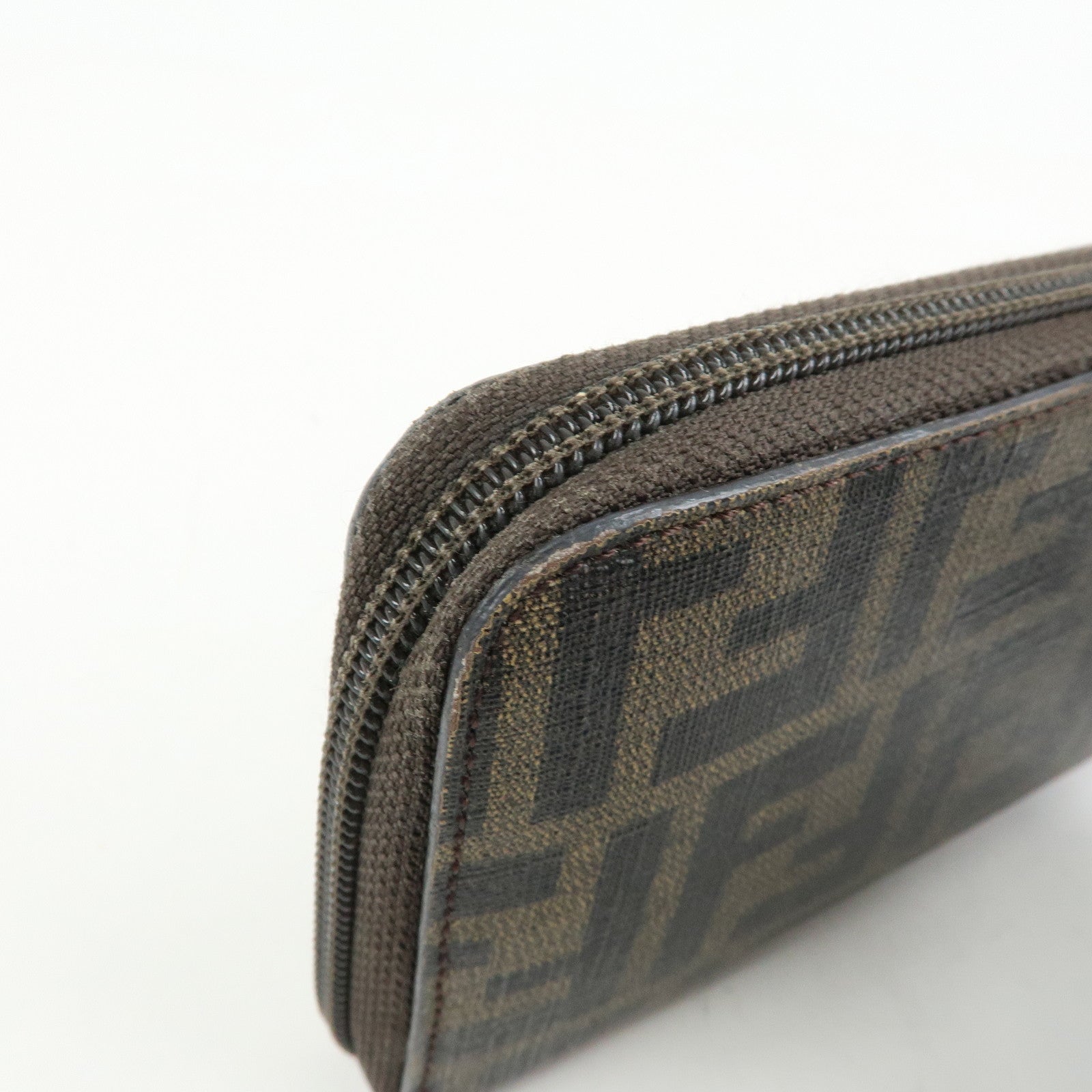 FENDI Zucchino Canvas Leather Round Zippy Long Wallet Brown 8M0024