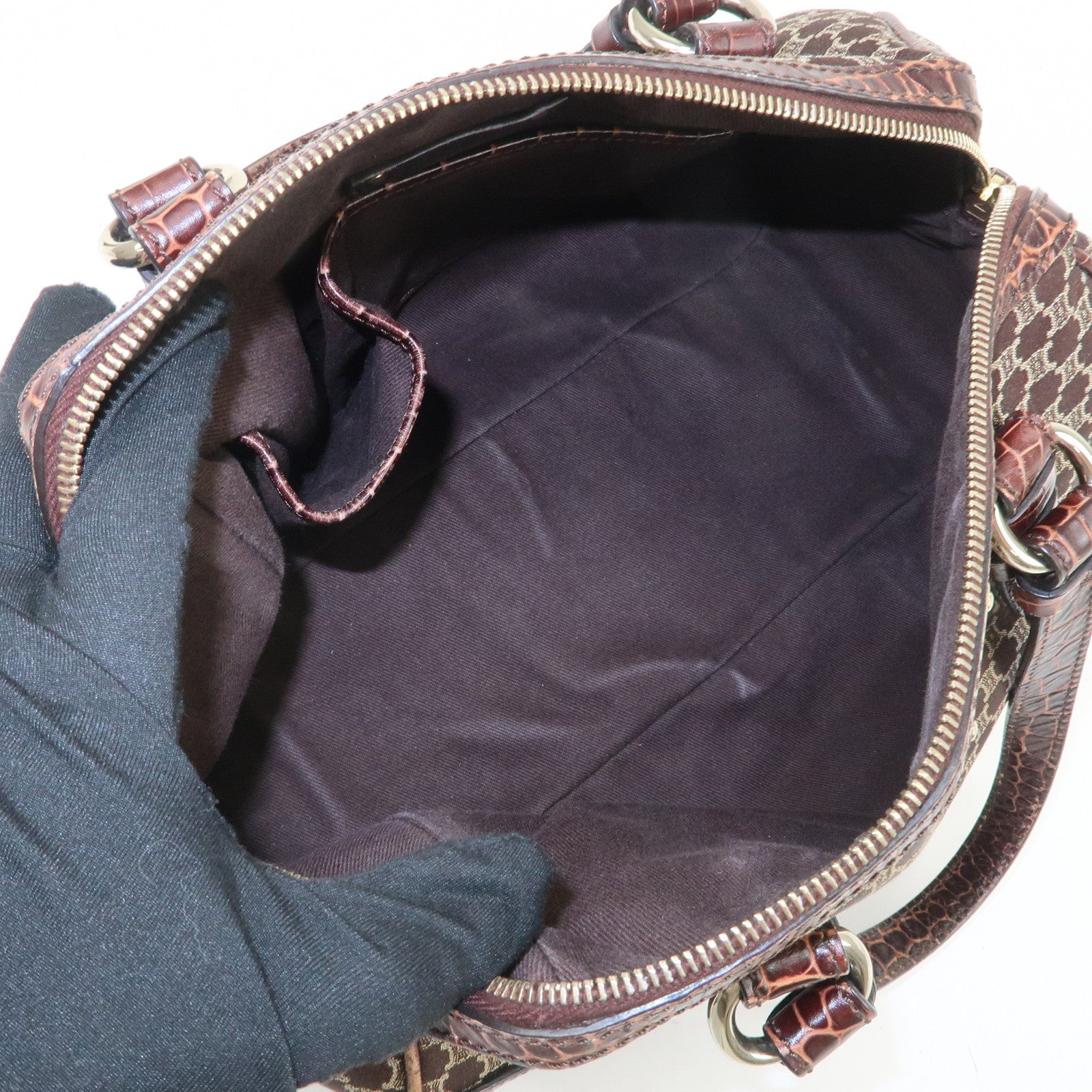 CELINE Macadam Canvas Embossed Leather Hand Bag Shoulder Bag Brown