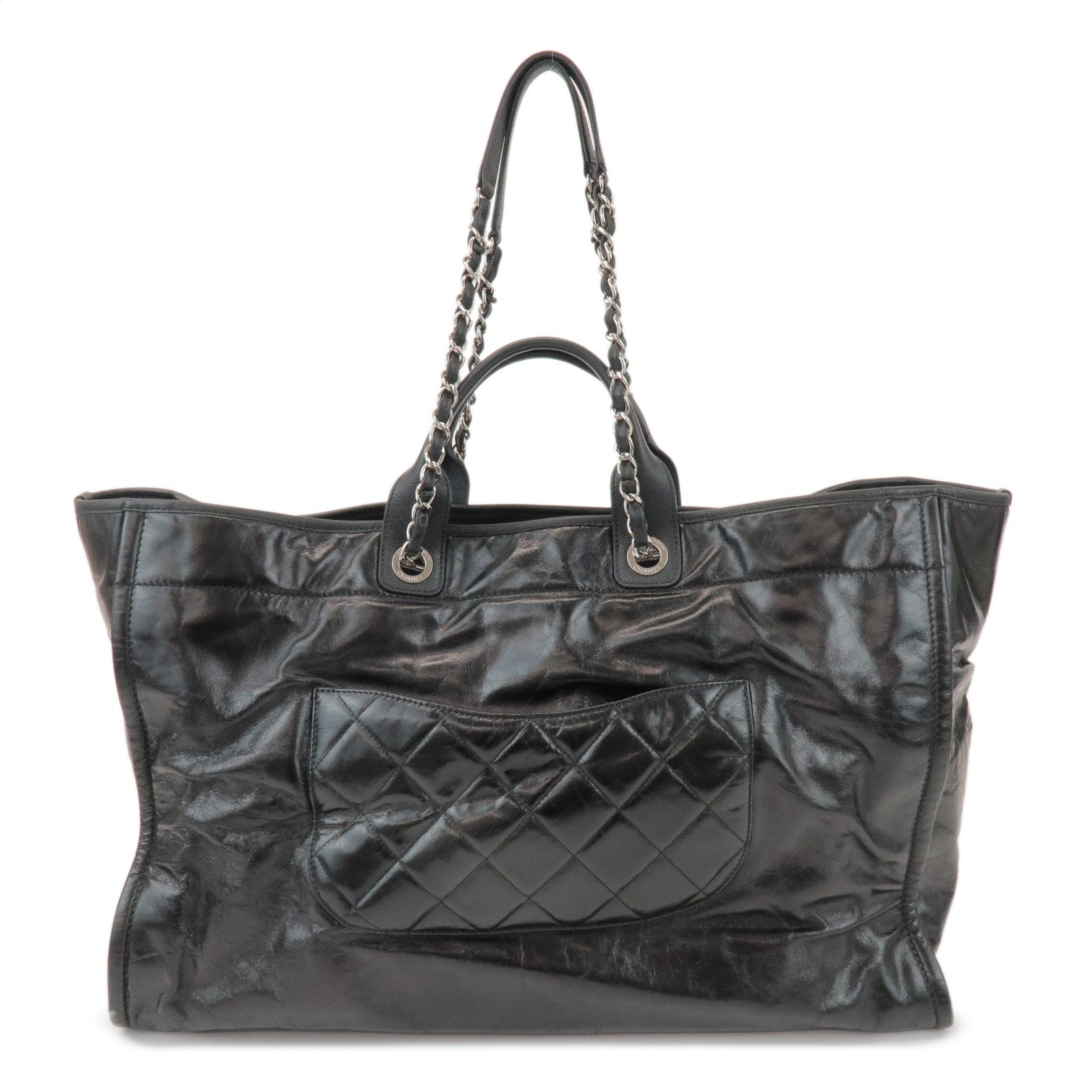 CHANEL Deauville Large Leather Tote Bag Shoulder Bag Black