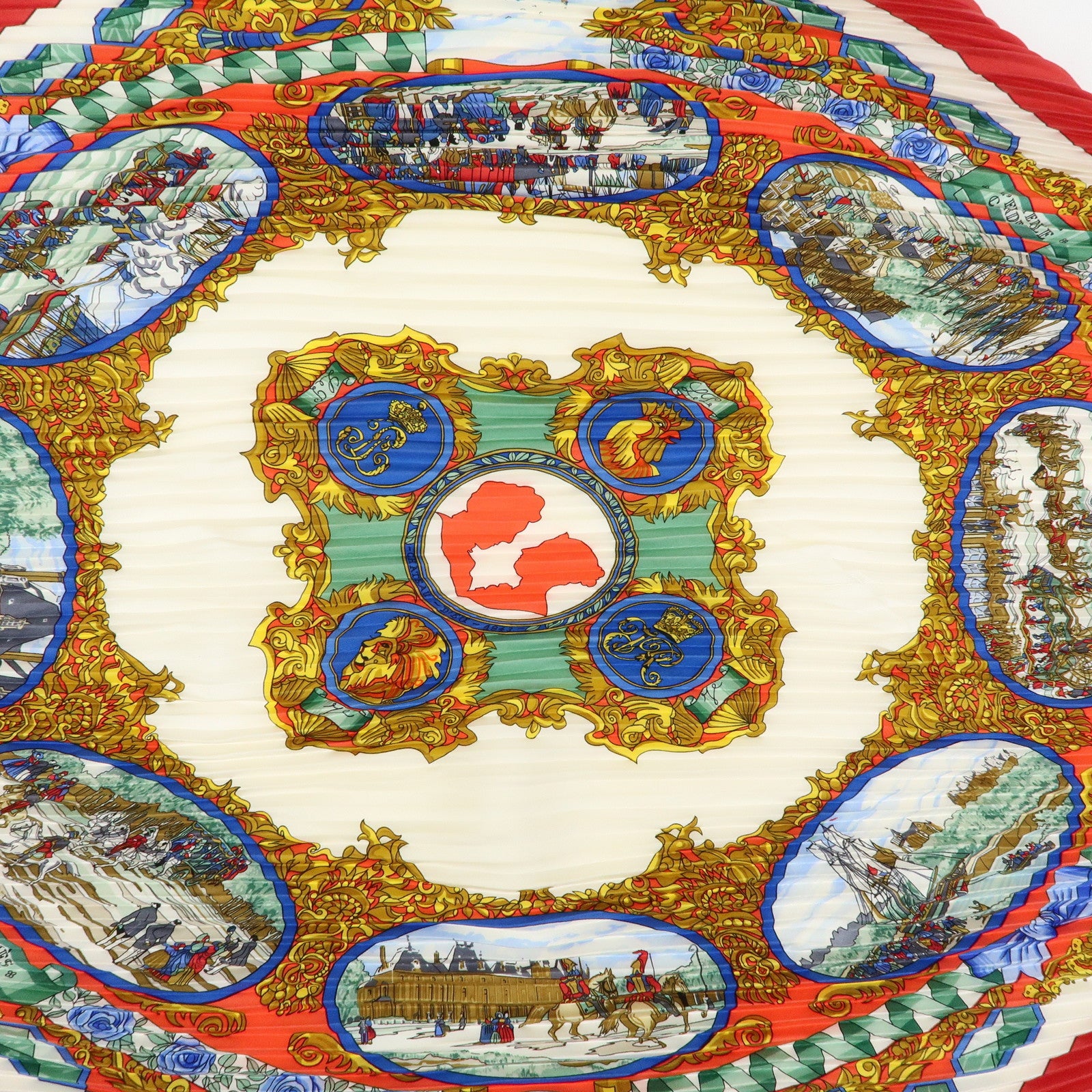 HERMES Pleated Carre Silk 100% Scarf L'ENTENTE CORDIALE Red Blue