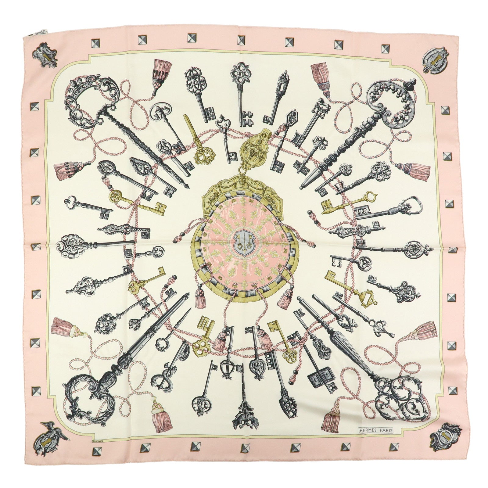 HERMES Carre 90 Silk 100% Scarf LES CLES THE KEYS RARE White Pink
