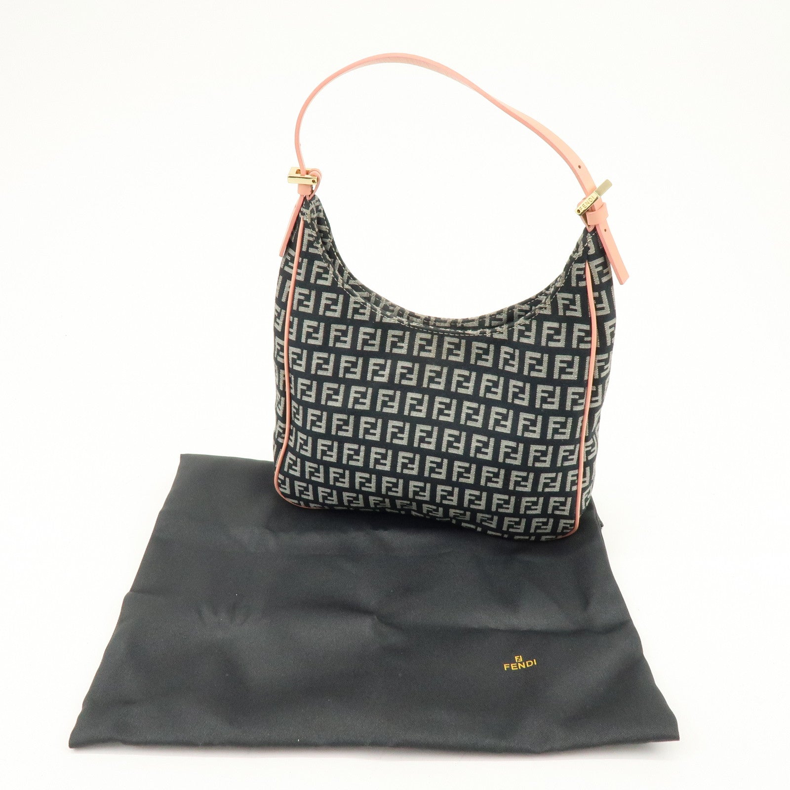 FENDI Zucchino Canvas Leather Hand Shoulder Bag Navy Pink 8BR158