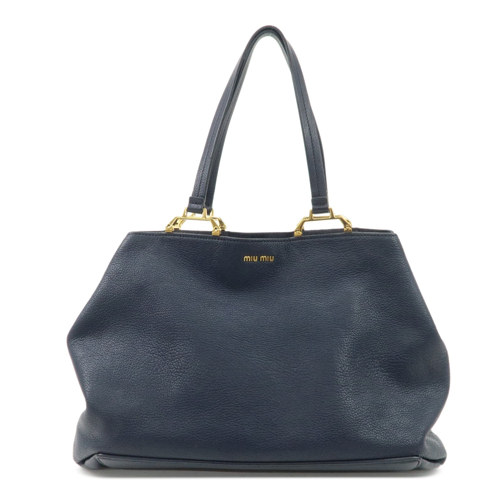 MIUMIU Logo Madras Leather Hand Bag Tote Bag Navy Gold Hardware Used