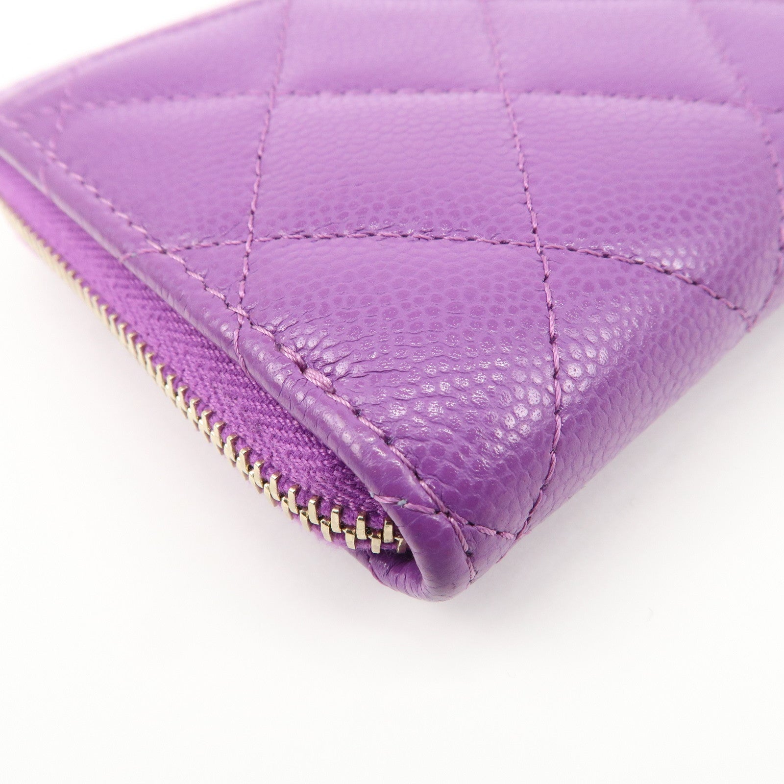 CHANEL Matelasse COCO Mark Caviar Skin Round Zippy Coin Purse Purple Used