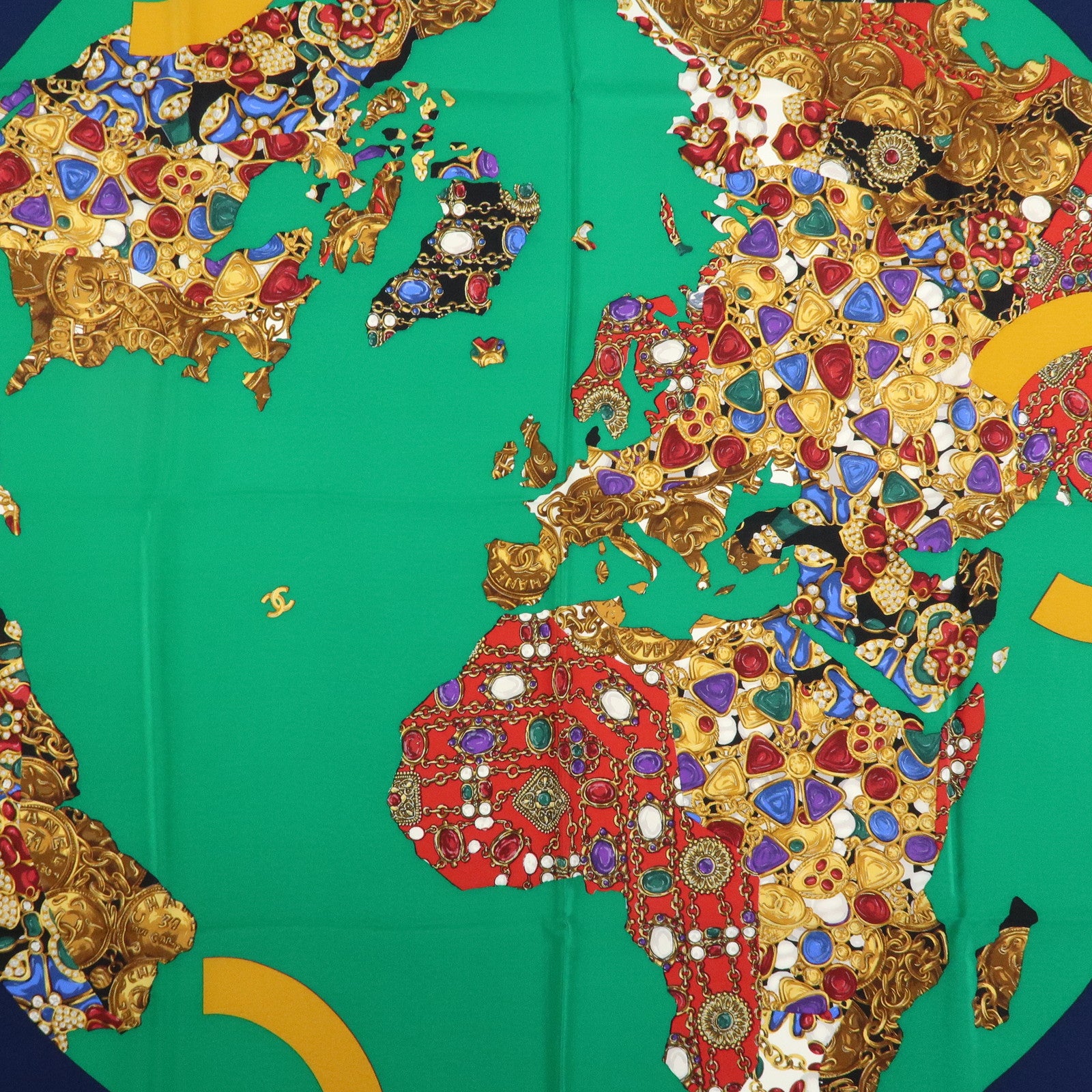 CHANEL Silk 100% Scarf Bijou 86cm×86cm Navy Green